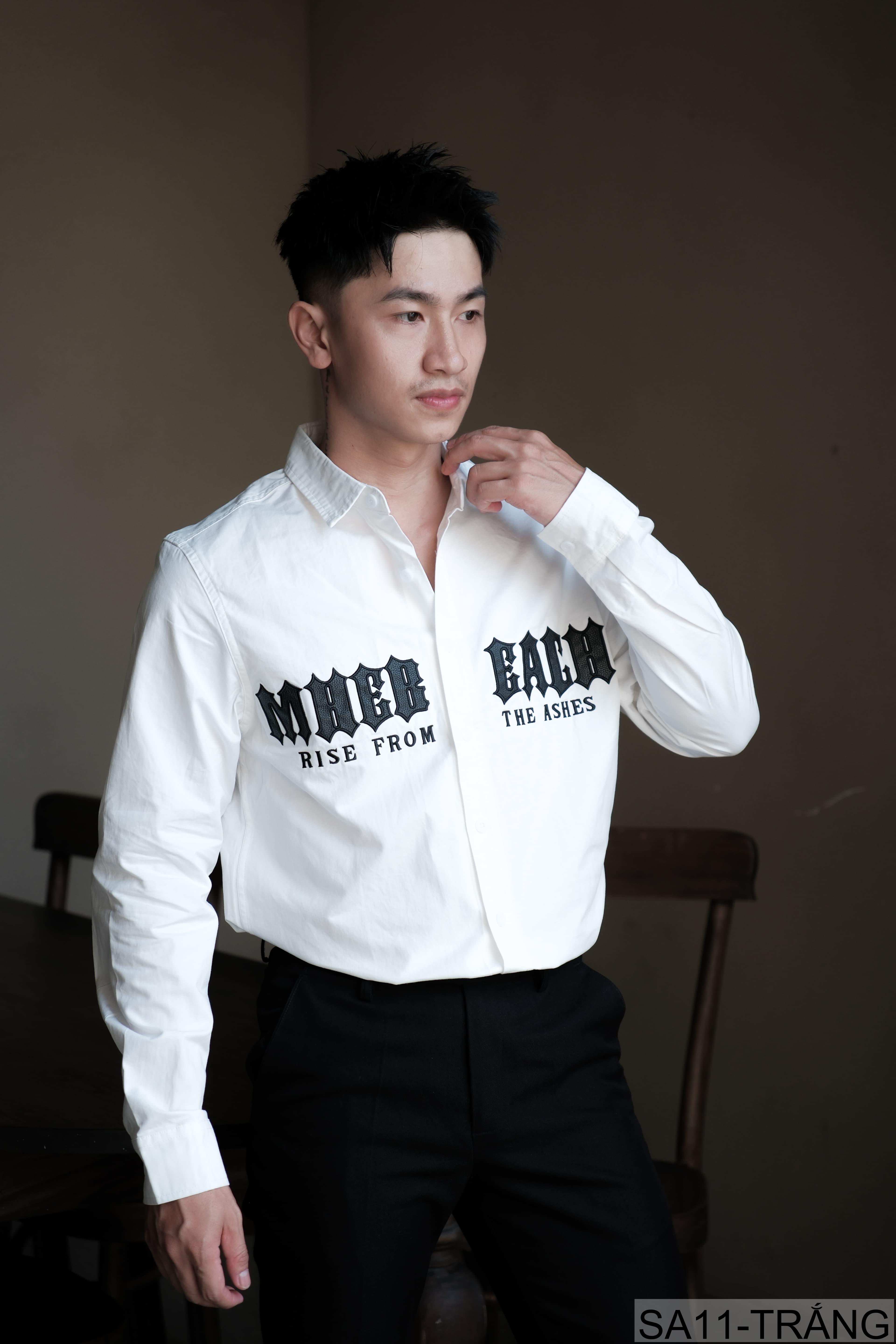 SA11 - Áo sơ mi nam dài tay họa tiết chữ phong cách Nhật Bản, chất cotton mềm mại, dáng rộng thoải mái