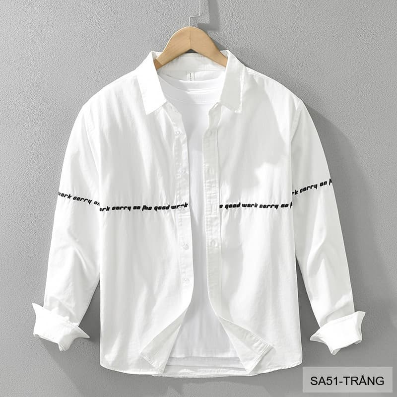 SA51 - Áo Sơ Mi Nam Phong Cách Nhật Bản Thêu Tiếng Anh Tay Dài Thời Trang Đa Năng