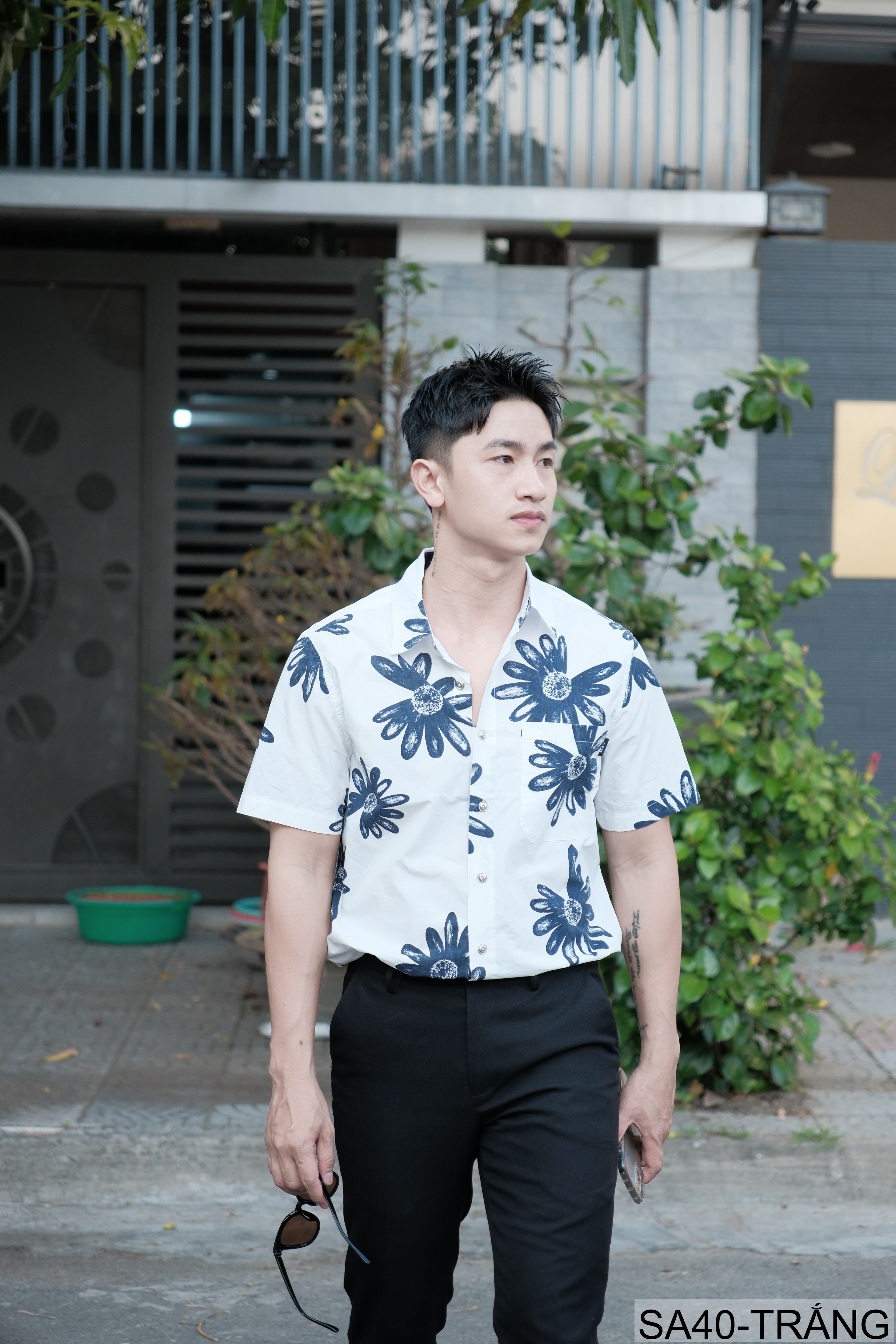 SA40 - Áo sơ mi nam tay ngắn họa tiết hoa cúc, phong cách Hàn Quốc, chất cotton thoáng mát - ảnh 2