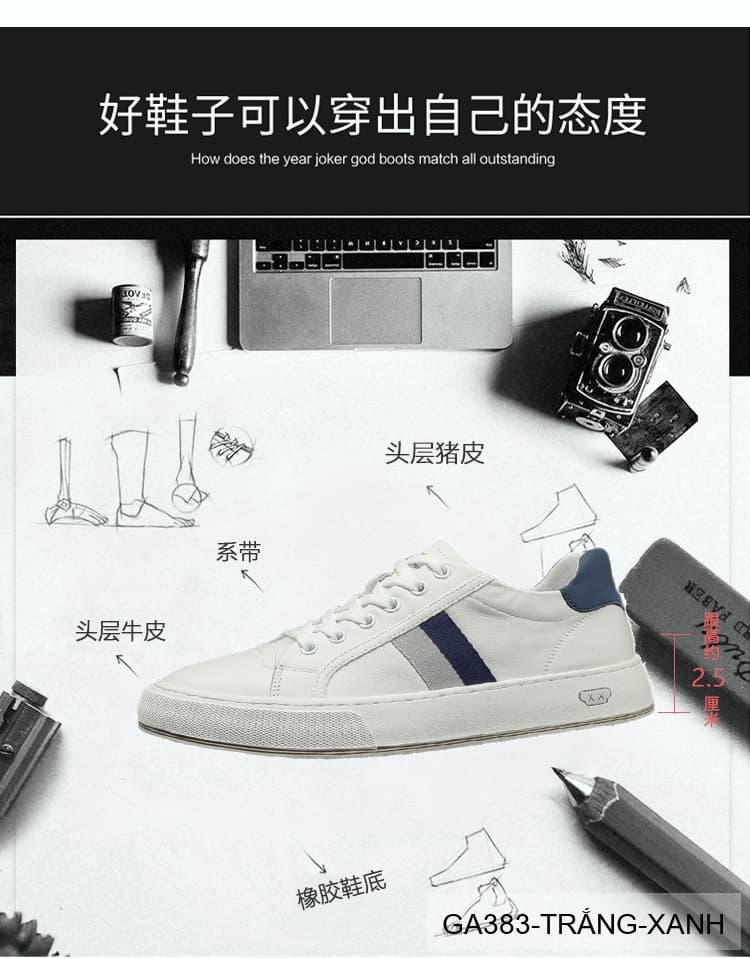 GA383 - Giày sneaker nam trắng phối xanh phong cách Hàn Quốc, đế thấp êm chân - ảnh 19