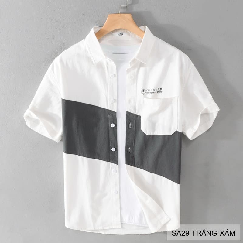 SA29 - Áo sơ mi nam tay ngắn phối màu trắng xám/xanh da trời phong cách Hàn Quốc