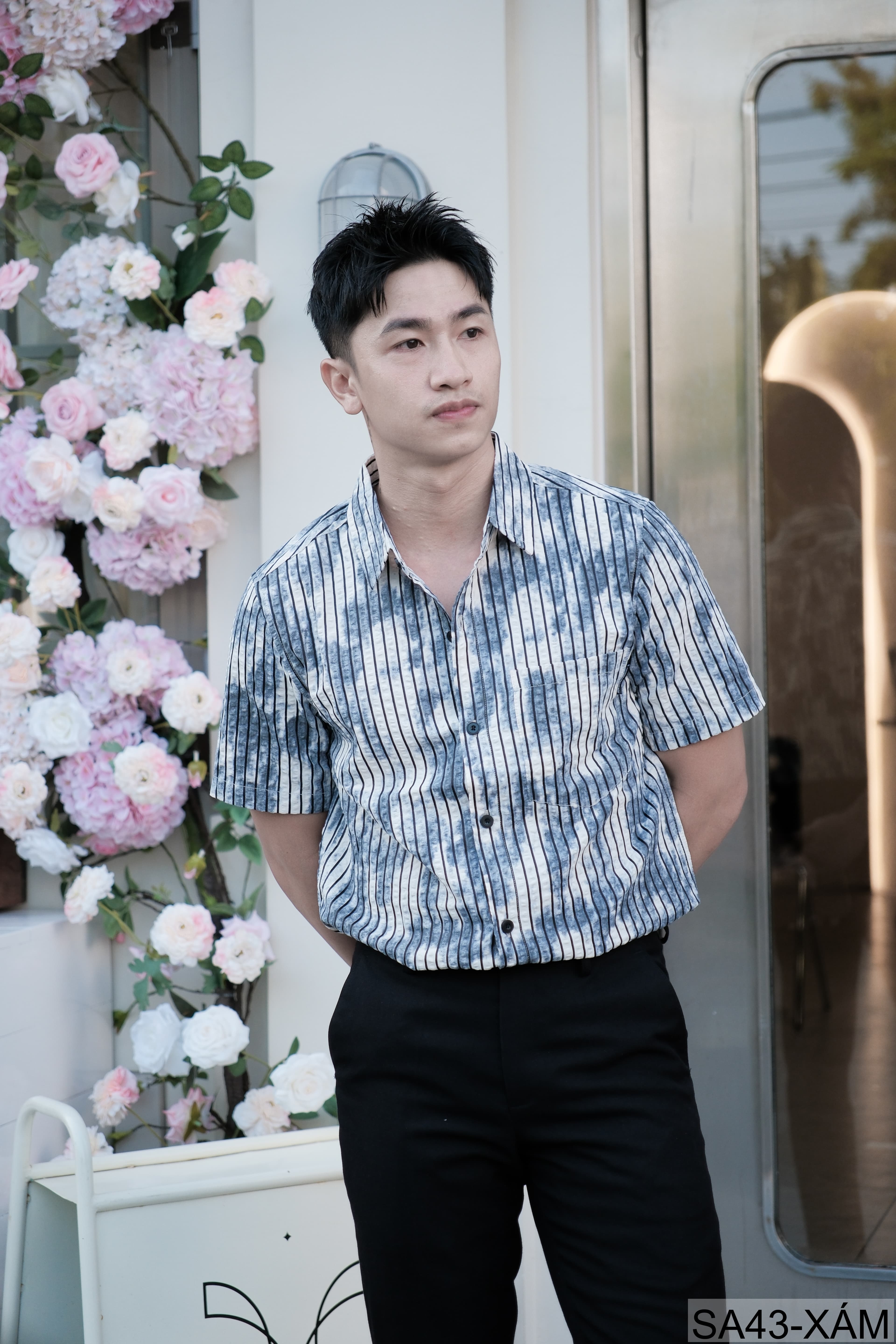 SA43 - Áo sơ mi nam tay ngắn sọc dọc phong cách streetwear, chất cotton thoáng mát, dáng rộng thoải mái - ảnh 4