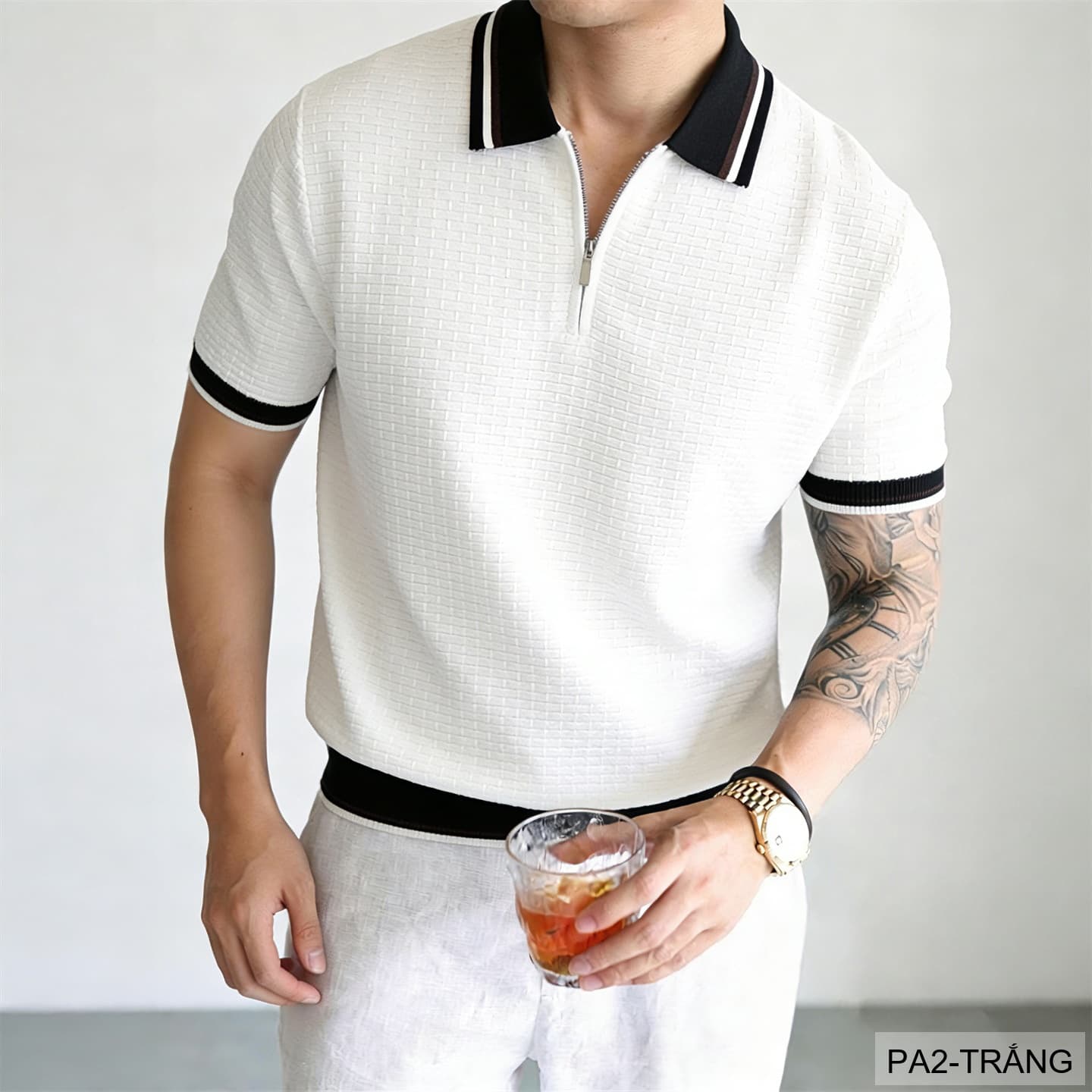 PA2 - Áo len nam tay ngắn cổ polo kiểu dệt waffle, thoáng khí, phong cách Hàn Quốc - ảnh 2