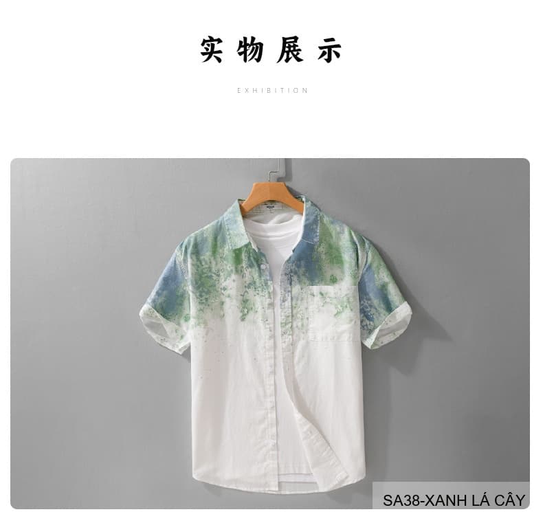 SA38 - Áo sơ mi nam tay ngắn họa tiết loang màu xanh lá và xám, phong cách trẻ trung mùa hè - ảnh 11