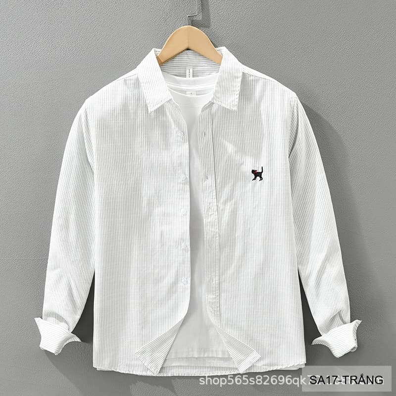 SA17 - Áo sơ mi nam dài tay thêu họa tiết mèo, form rộng, chất cotton 100%, phối sọc thời thượng