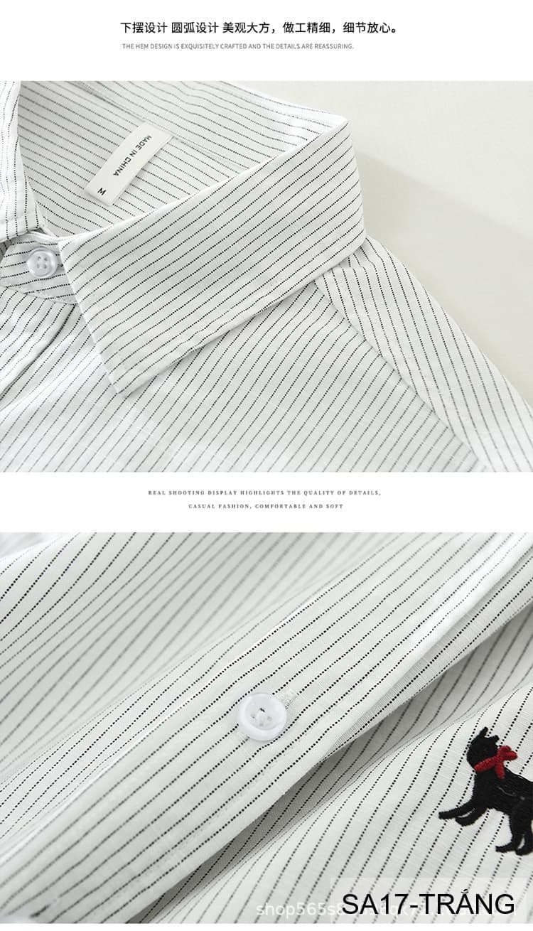 SA17 - Áo sơ mi nam dài tay thêu họa tiết mèo, form rộng, chất cotton 100%, phối sọc thời thượng - ảnh 13