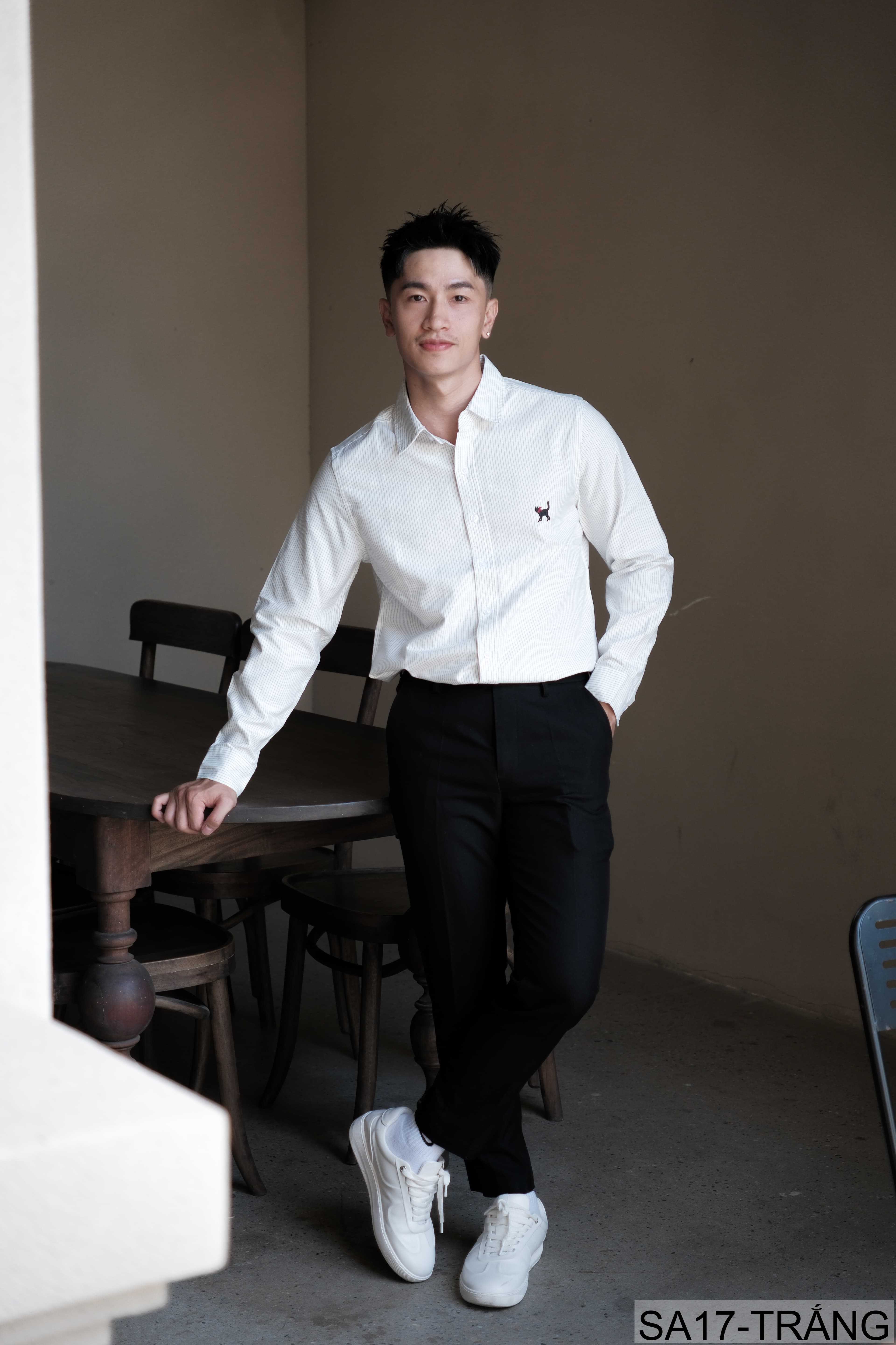 SA17 - Áo sơ mi nam dài tay thêu họa tiết mèo, form rộng, chất cotton 100%, phối sọc thời thượng - ảnh 3