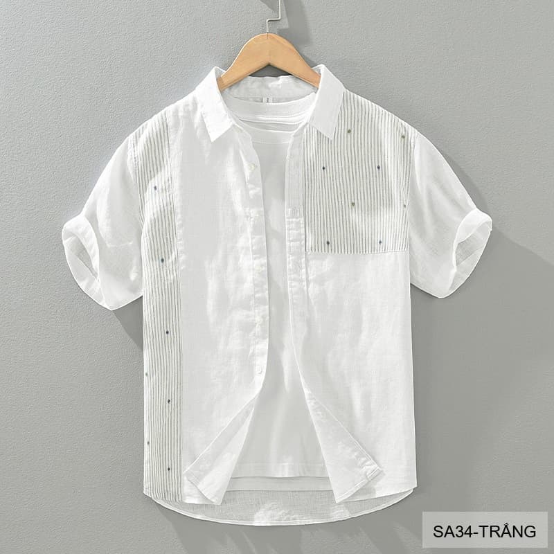 SA34 - Áo sơ mi nam tay ngắn vải lanh thoáng mát phong cách Nhật Bản kẻ sọc phối màu trắng xanh ngọc
