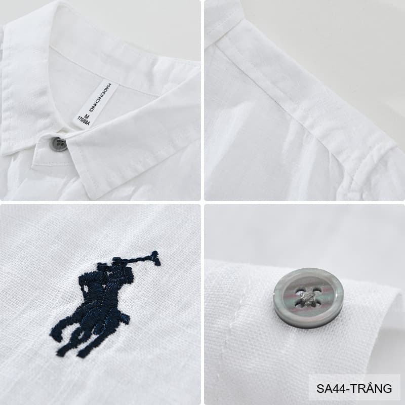 SA44 - Áo sơ mi nam tay ngắn vải lanh thoáng mát phong cách Nhật, cổ lật thêu logo nhỏ - ảnh 6