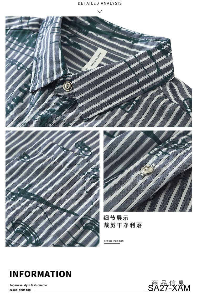 SA27 - Áo sơ mi nam ngắn tay họa tiết sọc và vẽ tay phong cách streetwear, chất liệu polyester mềm mại, form rộng thoải mái - ảnh 8