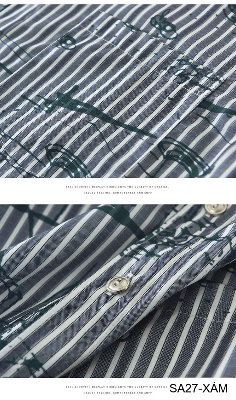 SA27 - Áo sơ mi nam ngắn tay họa tiết sọc và vẽ tay phong cách streetwear, chất liệu polyester mềm mại, form rộng thoải mái - ảnh 9