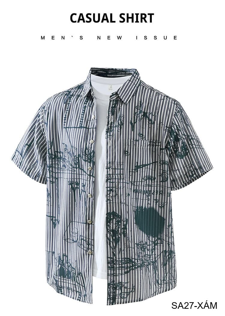 SA27 - Áo sơ mi nam ngắn tay họa tiết sọc và vẽ tay phong cách streetwear, chất liệu polyester mềm mại, form rộng thoải mái - ảnh 6