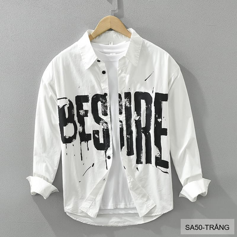 SA50 - Áo Sơ Mi Nam Dài Tay In Chữ Phong Cách Nhật Bản, Chất Cotton Mềm Mại, Phù Hợp Mặc Hàng Ngày