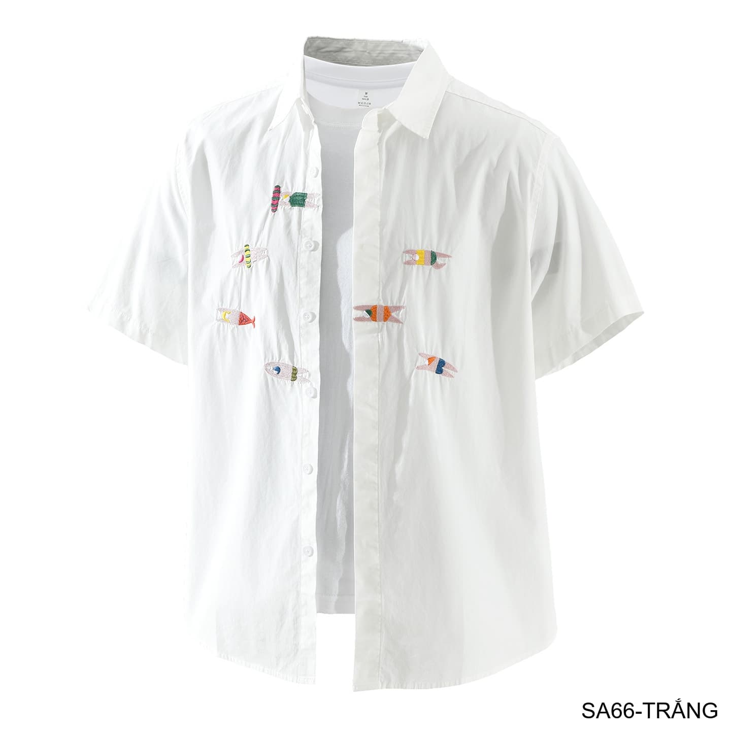 SA66 - Áo sơ mi nam ngắn tay thêu cá kiểu Nhật, cotton 100%, form rộng thoải mái, phong cách tươi mới