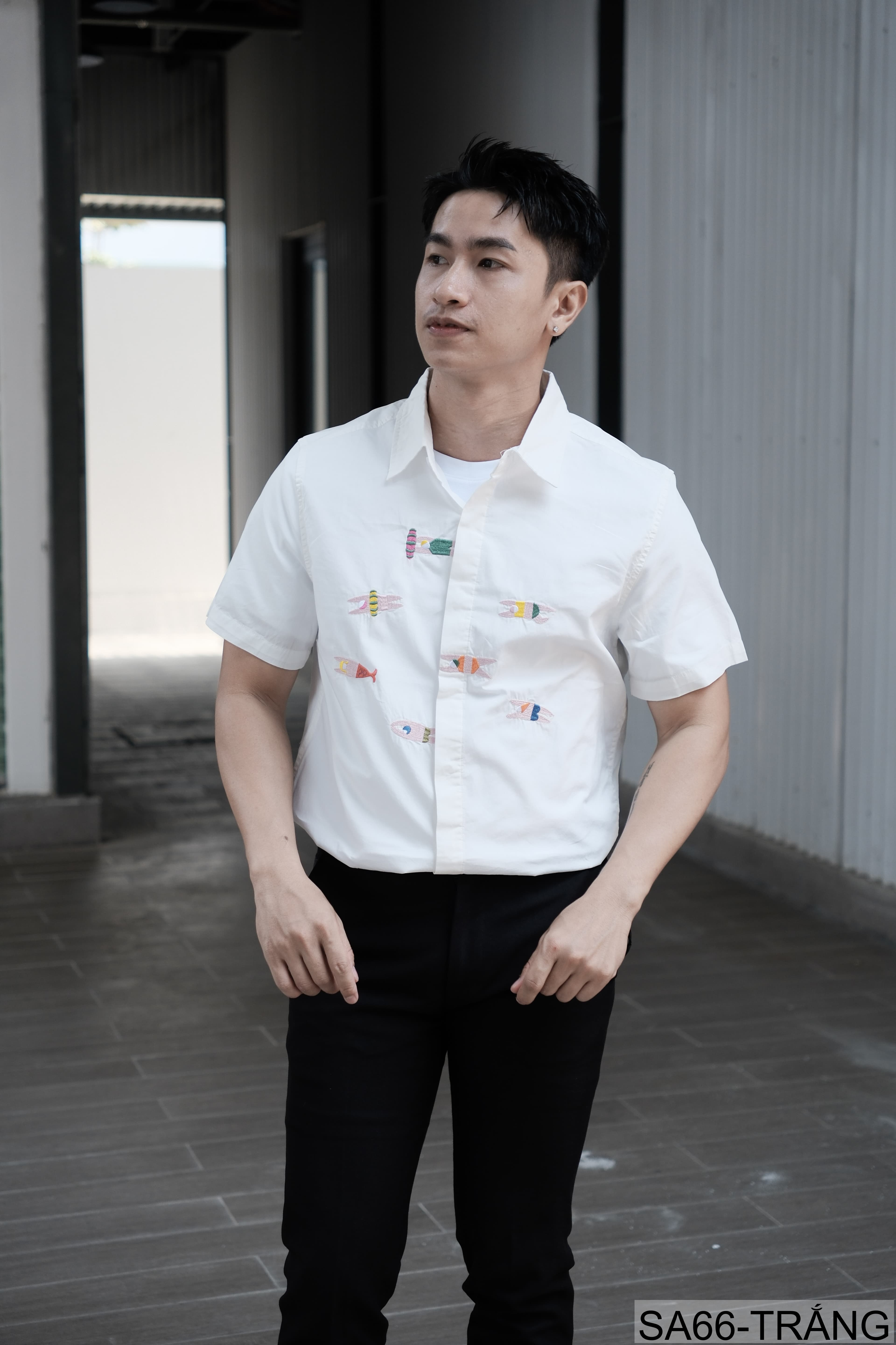 SA66 - Áo sơ mi nam ngắn tay thêu cá kiểu Nhật, cotton 100%, form rộng thoải mái, phong cách tươi mới - ảnh 2