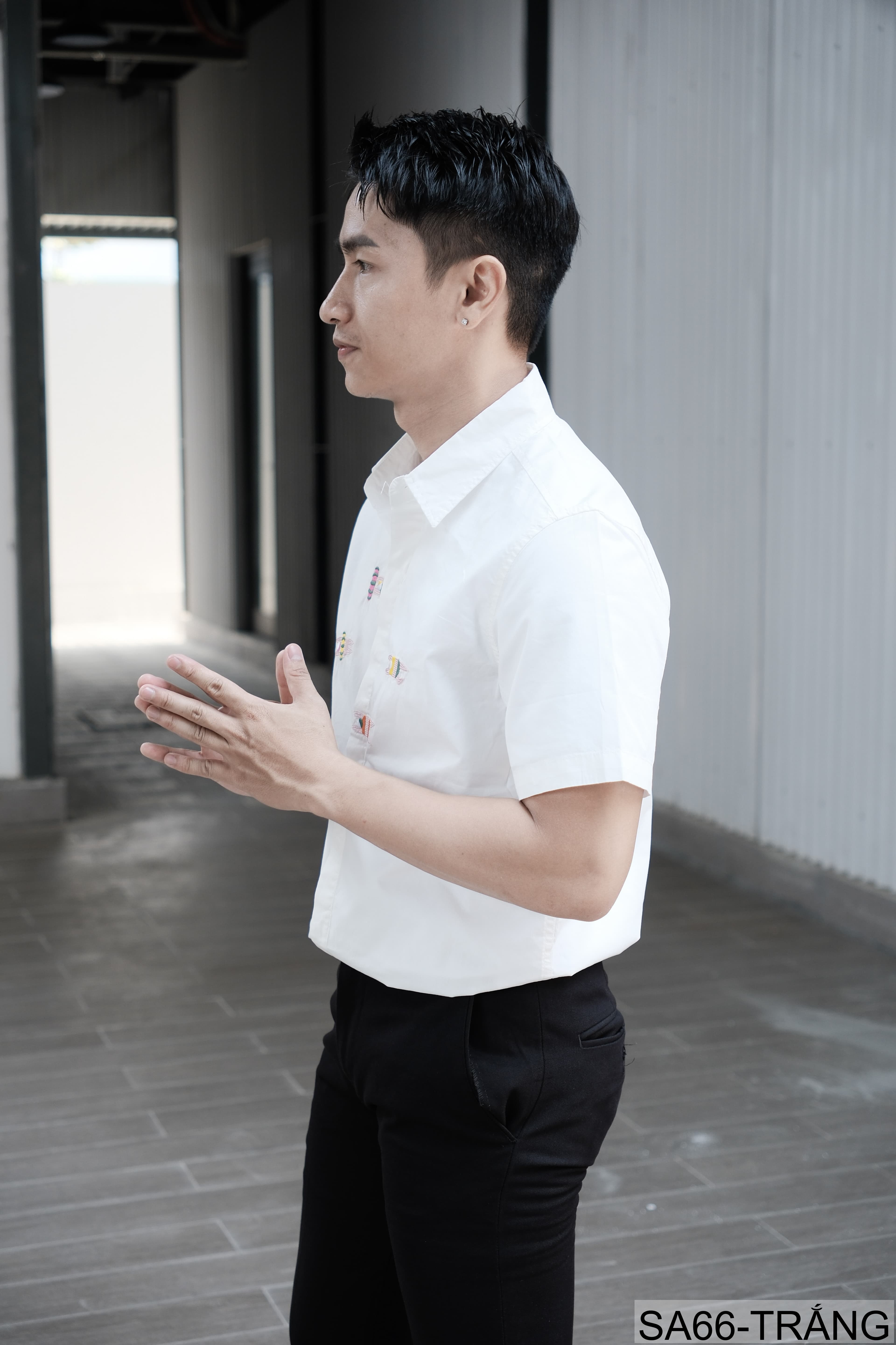 SA66 - Áo sơ mi nam ngắn tay thêu cá kiểu Nhật, cotton 100%, form rộng thoải mái, phong cách tươi mới - ảnh 5