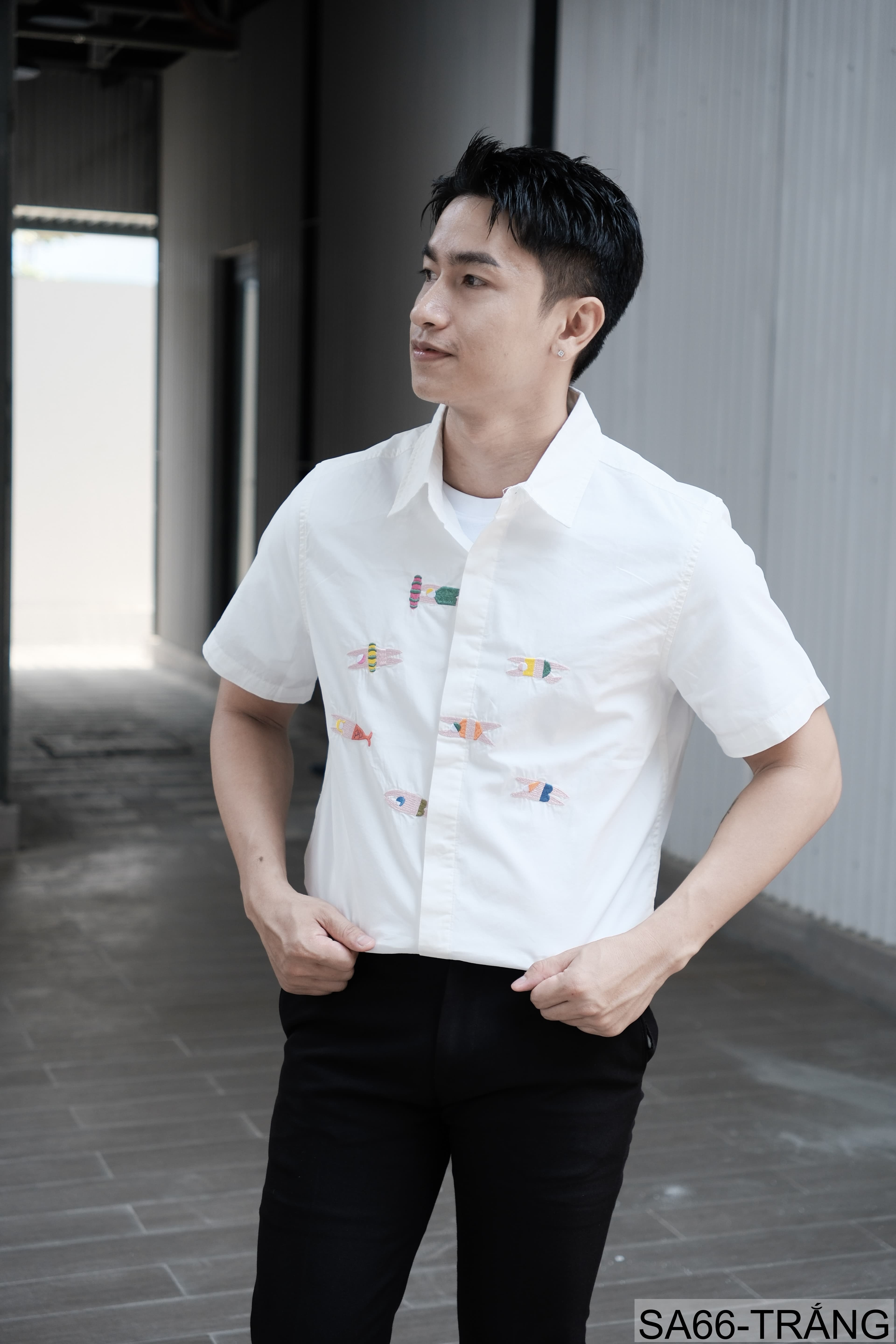 SA66 - Áo sơ mi nam ngắn tay thêu cá kiểu Nhật, cotton 100%, form rộng thoải mái, phong cách tươi mới - ảnh 6