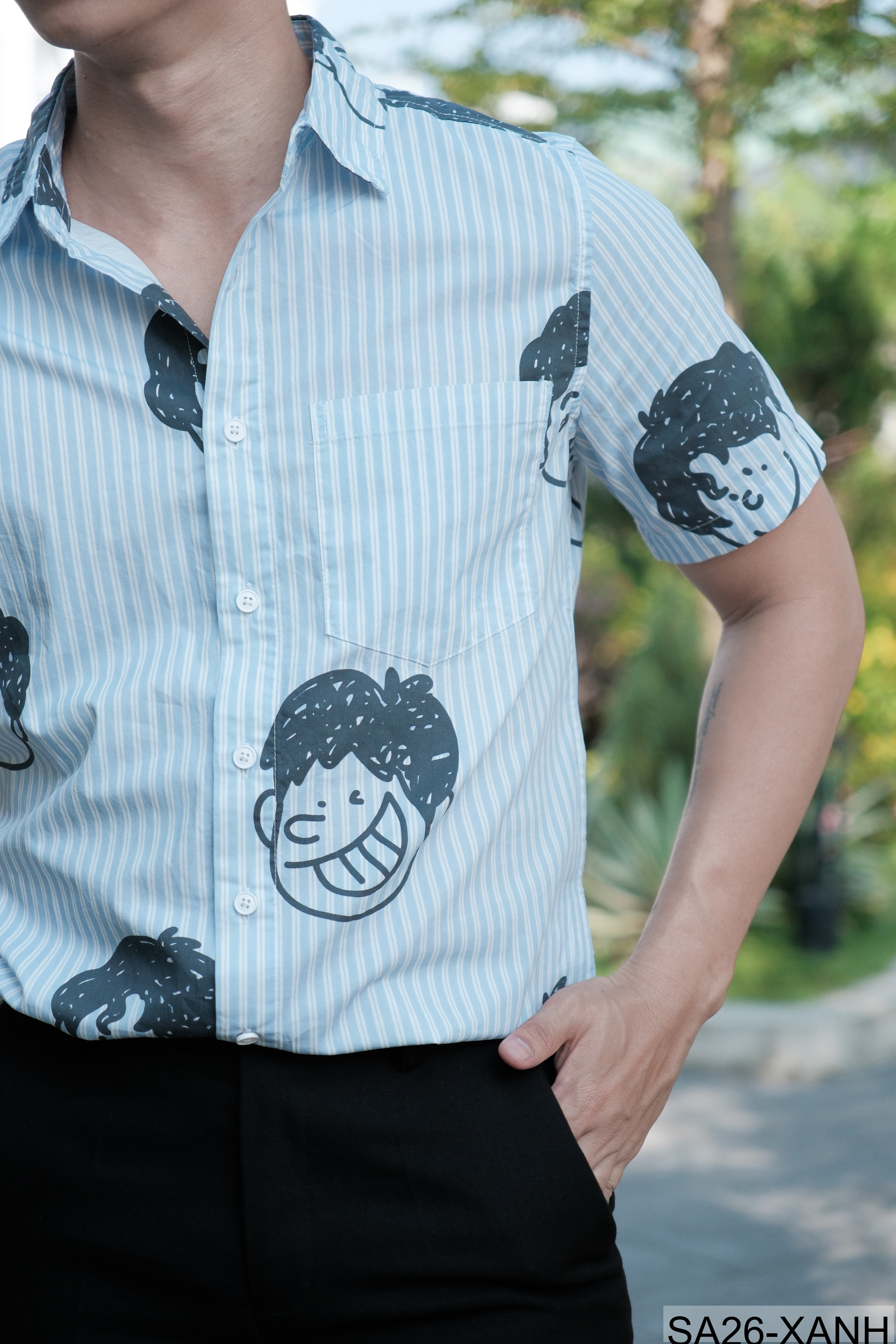 SA26 - Áo sơ mi nam tay ngắn họa tiết mặt cười phong cách Nhật Bản, chất cotton mềm mại, form rộng thoải mái - ảnh 5