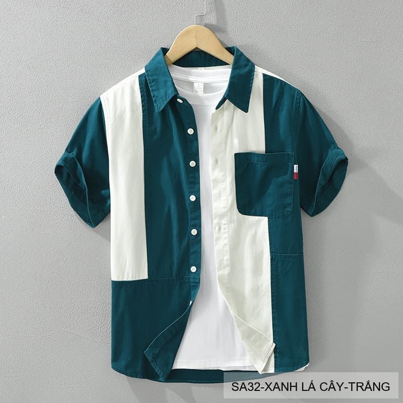 SA32 - Áo sơ mi nam phối màu tay ngắn phong cách Hàn Quốc, chất cotton , dáng lỏng thoải mái
