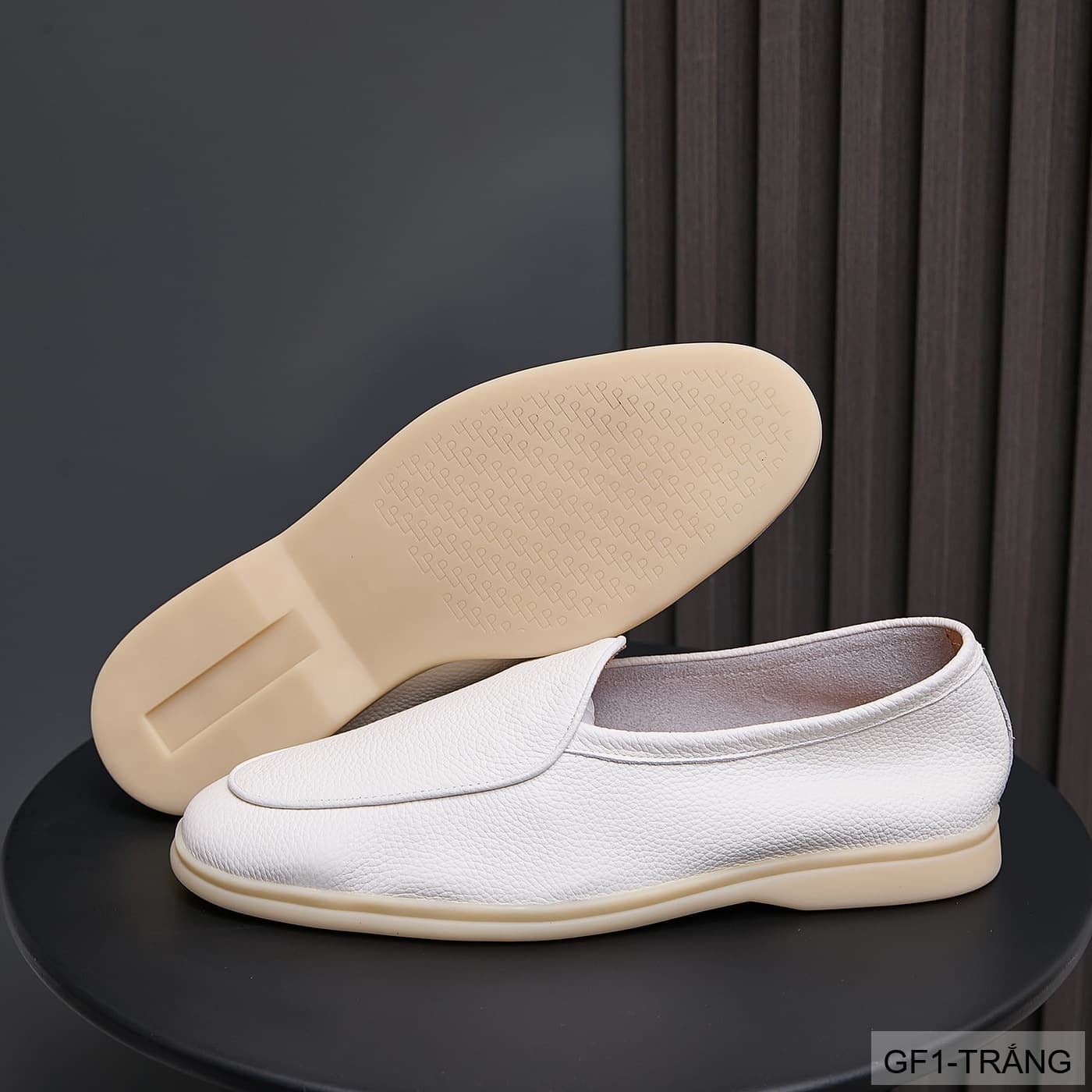 GF1 - Giày lười nam da bò vân vải, thiết kế casual mùa hè, màu trắng đen - ảnh 5
