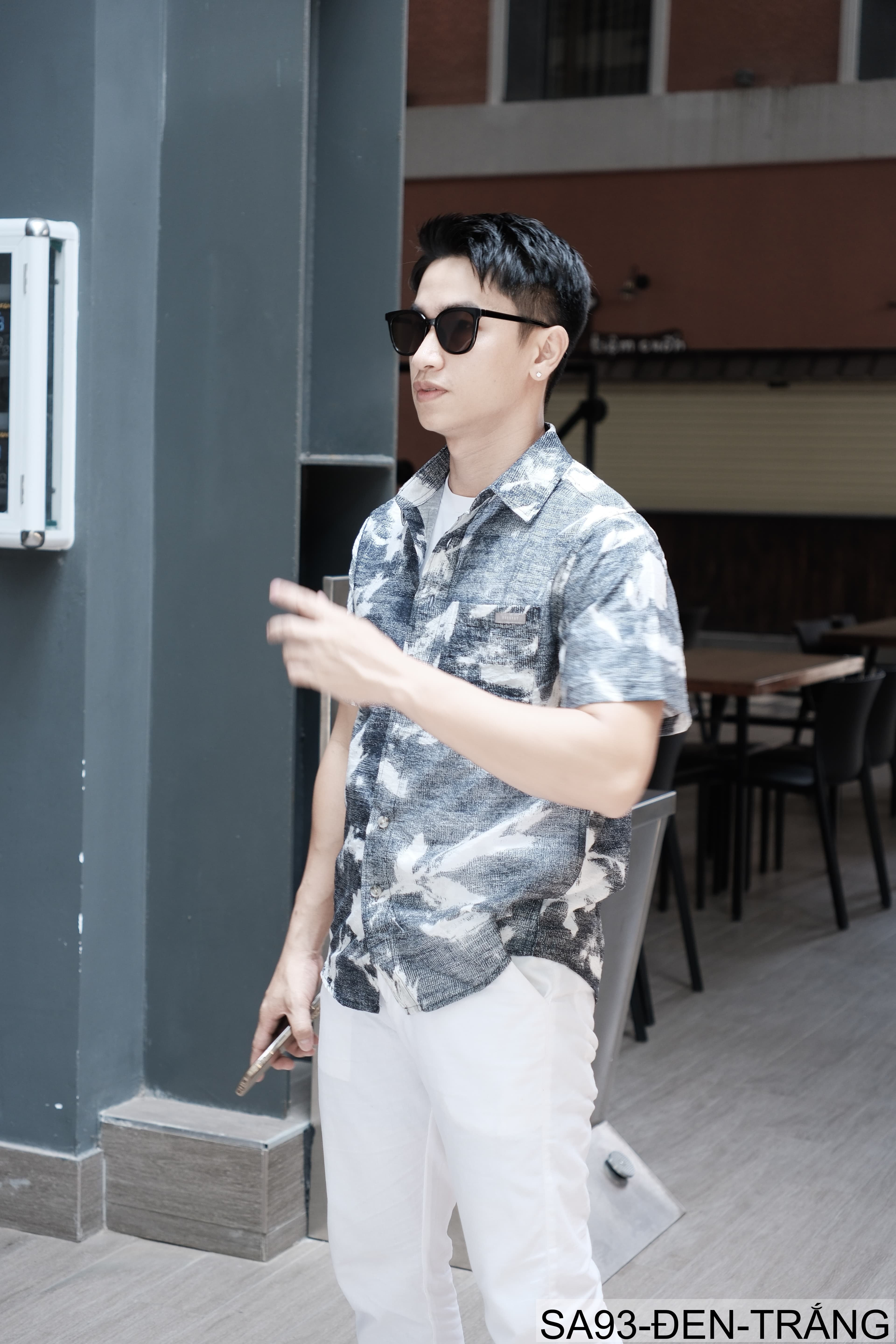 SA93 - Áo sơ mi nam ngắn tay họa tiết retro Nhật Bản, dáng rộng thoải mái, phong cách văn học, chất liệu lyocell mềm mát
