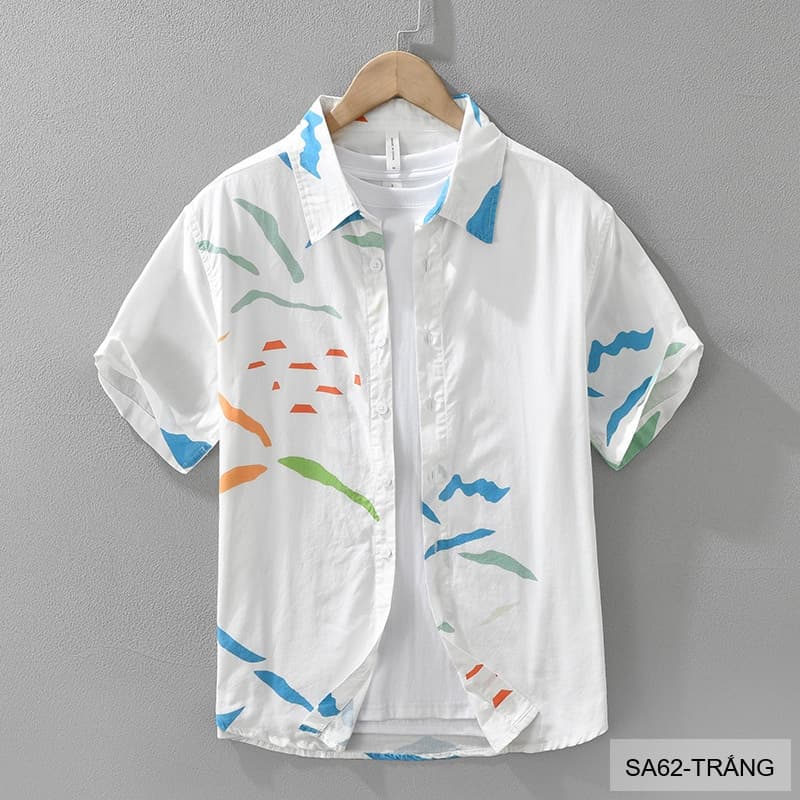 SA62 - Áo Sơ Mi Nam Tay Ngắn Phong Cách Nhật Bản In Hình Nghệ Thuật Chất Cotton Thoáng Mát - ảnh 2