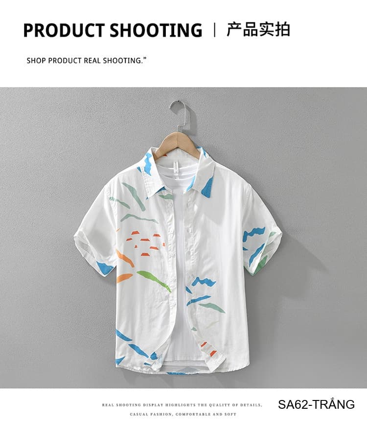 SA62 - Áo Sơ Mi Nam Tay Ngắn Phong Cách Nhật Bản In Hình Nghệ Thuật Chất Cotton Thoáng Mát - ảnh 14