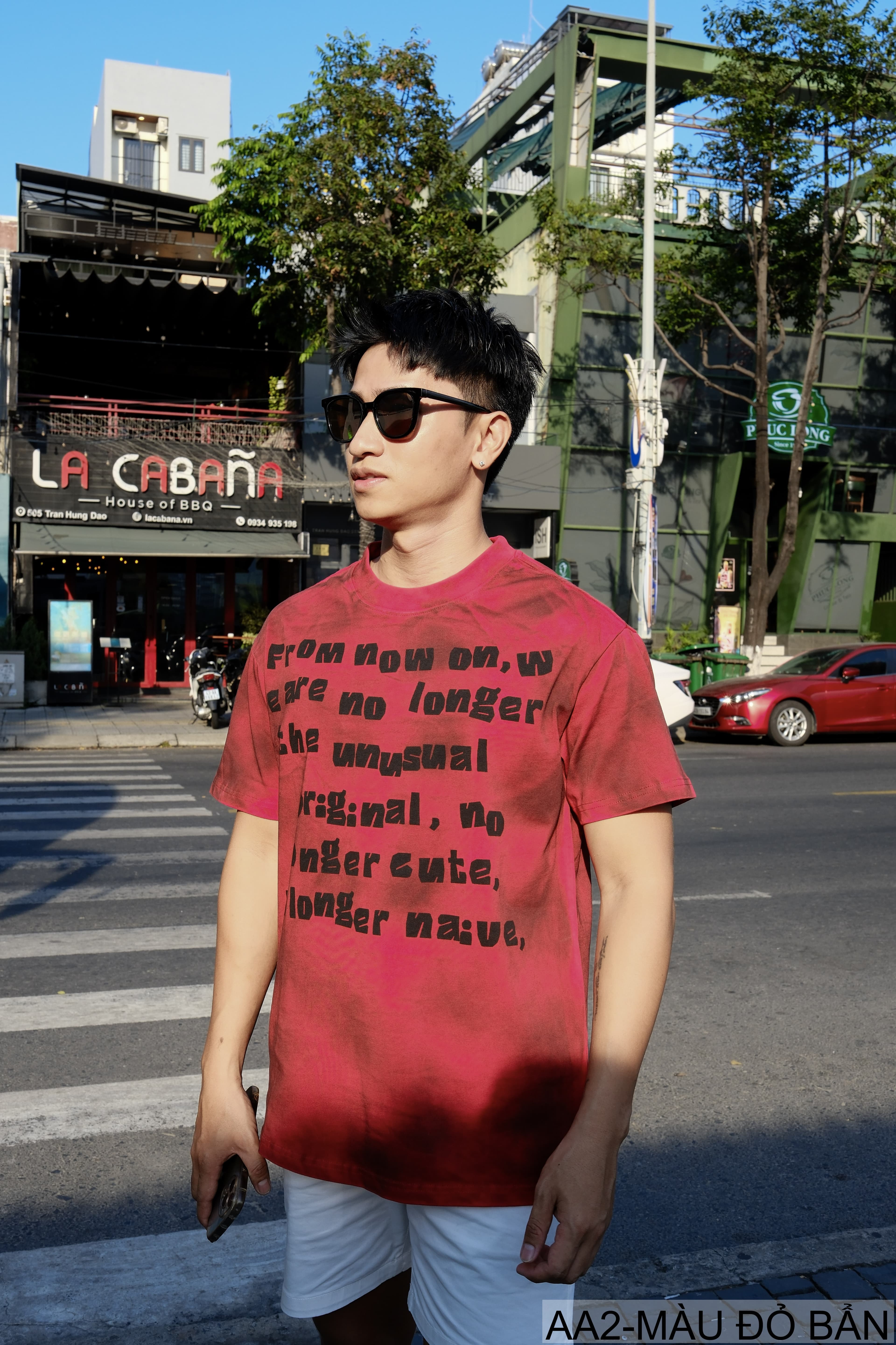 AA2 - Áo thun nam cổ tròn tay ngắn phong cách retro streetwear, chất cotton mềm, dáng rộng, màu Xanh Bẩn & Đỏ Bẩn - ảnh 8
