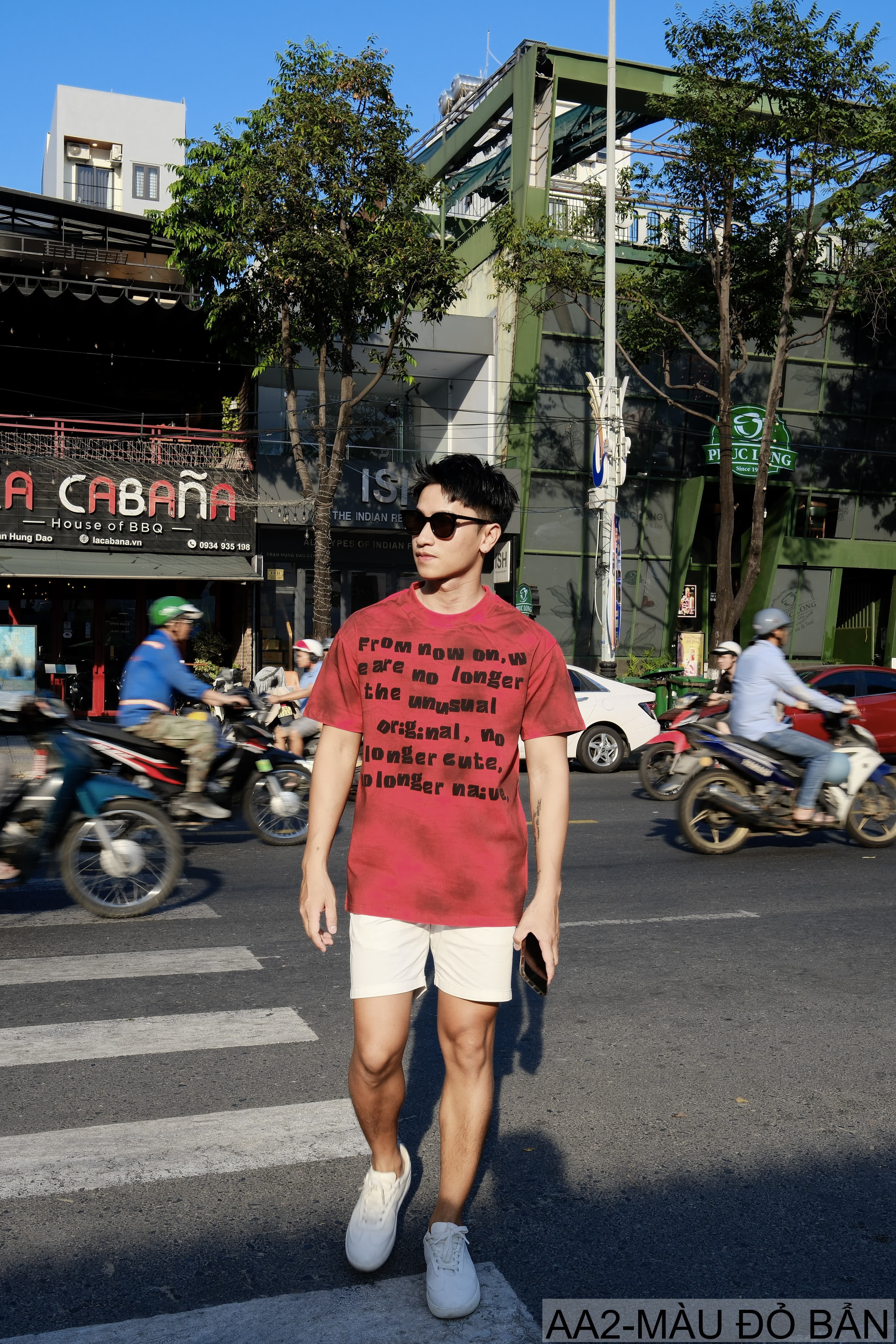 AA2 - Áo thun nam cổ tròn tay ngắn phong cách retro streetwear, chất cotton mềm, dáng rộng, màu Xanh Bẩn & Đỏ Bẩn - ảnh 3