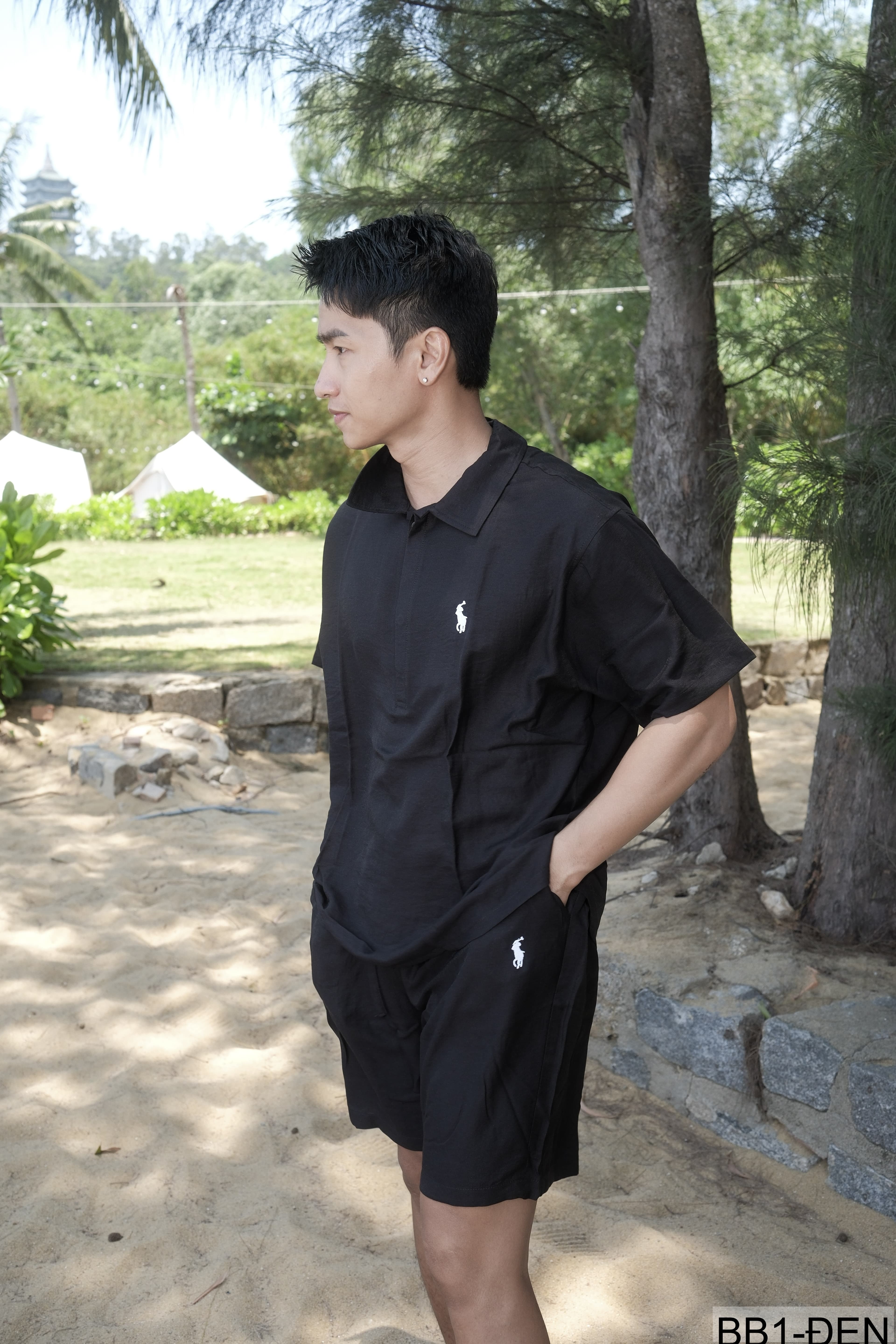BB1 - Bộ đồ nam 2 món phong cách cực, áo sơ mi ngắn tay + quần short, chất liệu cotton thoáng mát, 3 màu Mi Trắng - Xanh Đậm - Đen - ảnh 4
