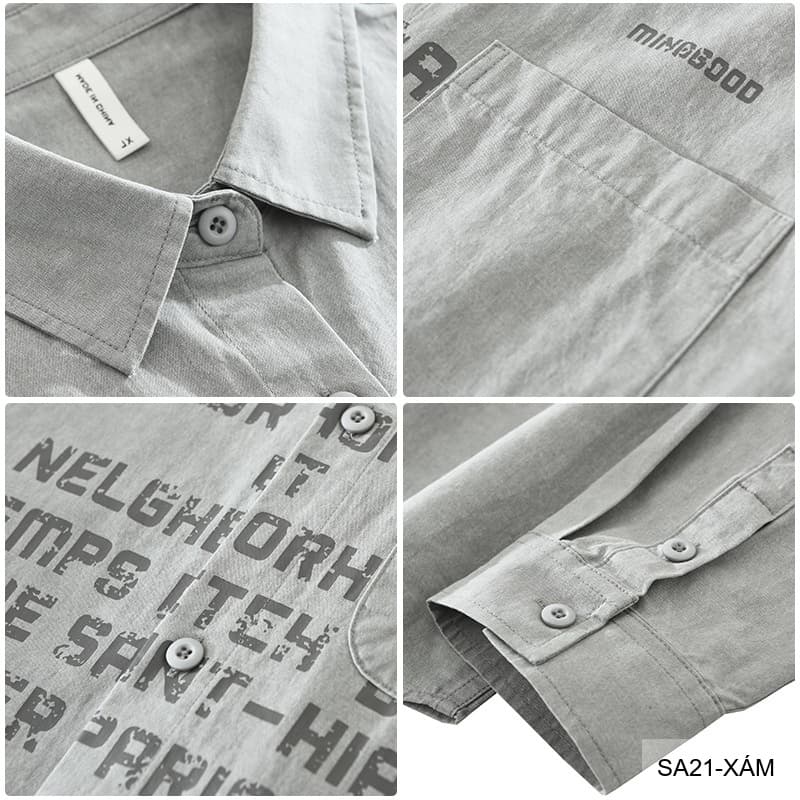 SA21 - Áo sơ mi nam dáng rộng phong cách Nhật Bản, cổ bẻ, tay dài, họa tiết chữ, chất cotton mềm mại - ảnh 8