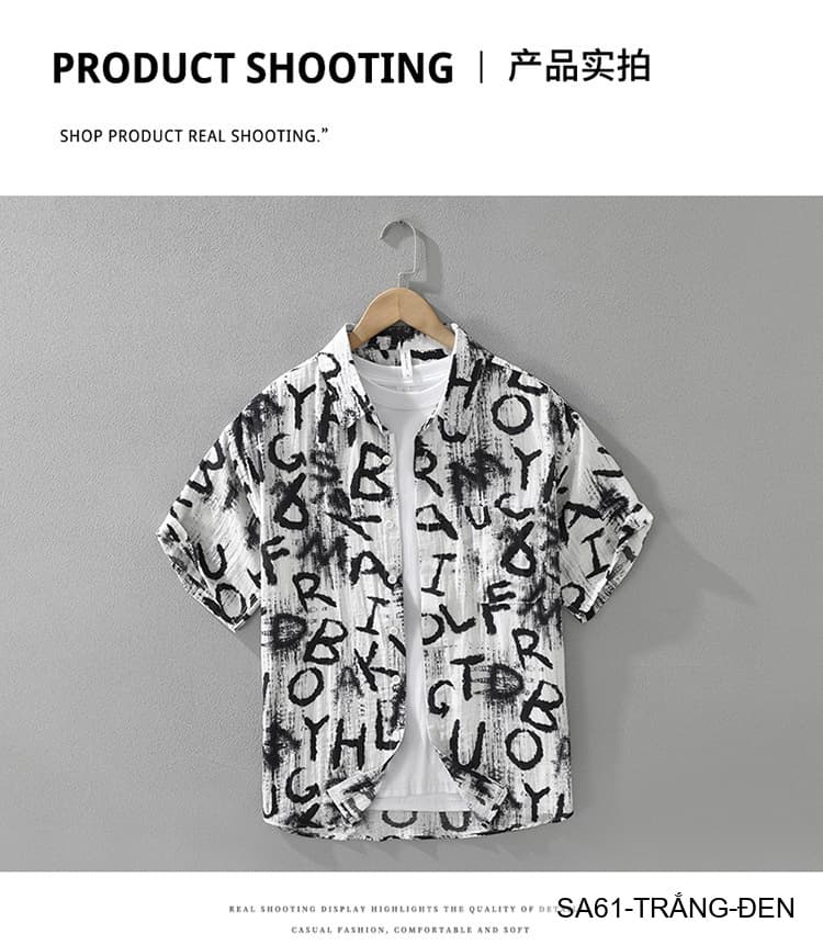 SA61 - Áo sơ mi nam tay ngắn in chữ nghệ thuật, form rộng, chất viscose mát mẻ, phối màu trắng đen - ảnh 9