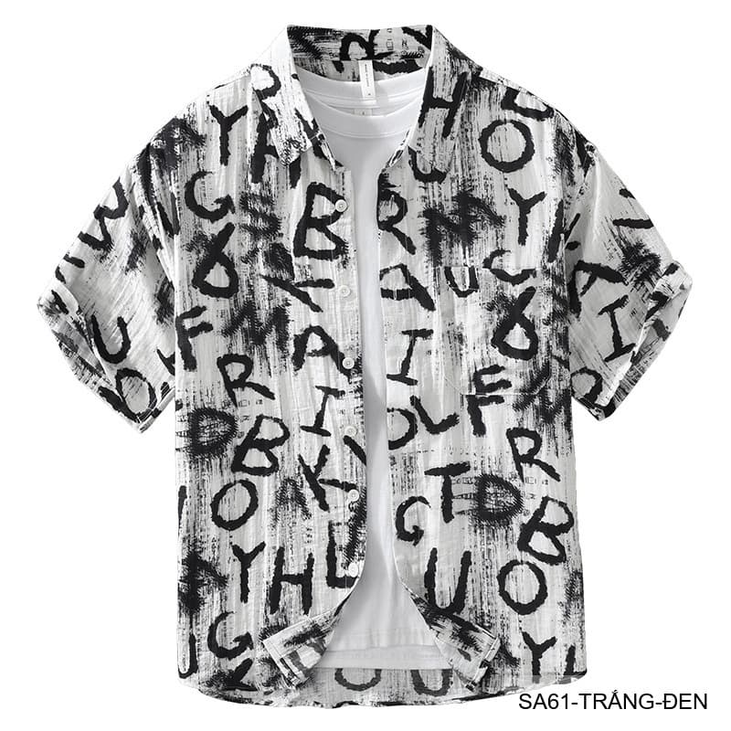 SA61 - Áo sơ mi nam tay ngắn in chữ nghệ thuật, form rộng, chất viscose mát mẻ, phối màu trắng đen - ảnh 7