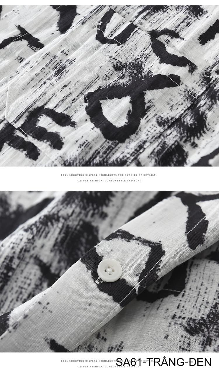 SA61 - Áo sơ mi nam tay ngắn in chữ nghệ thuật, form rộng, chất viscose mát mẻ, phối màu trắng đen - ảnh 12