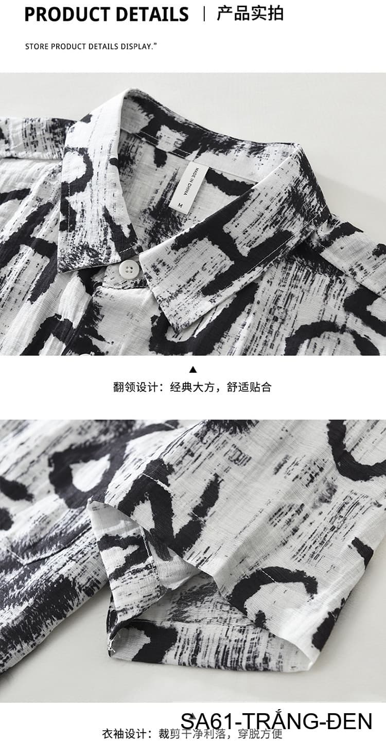 SA61 - Áo sơ mi nam tay ngắn in chữ nghệ thuật, form rộng, chất viscose mát mẻ, phối màu trắng đen - ảnh 10