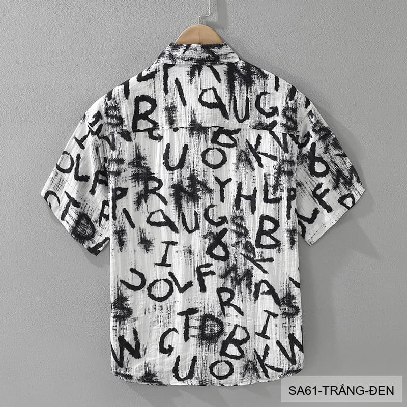SA61 - Áo sơ mi nam tay ngắn in chữ nghệ thuật, form rộng, chất viscose mát mẻ, phối màu trắng đen - ảnh 5