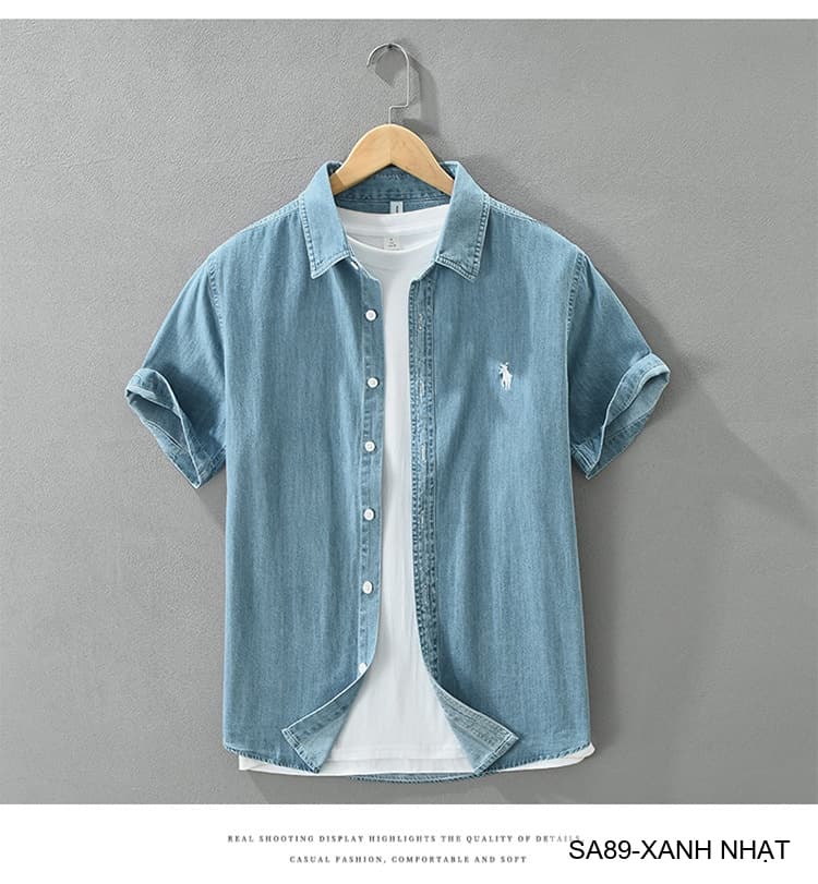 SA89 - Áo sơ mi denim nam tay ngắn phong cách Nhật Bản, chất cotton mềm mại, form rộng thoải mái - ảnh 12