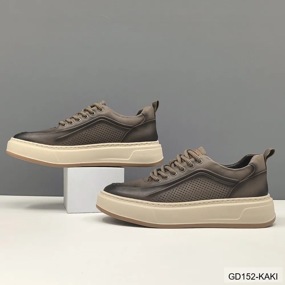 GD152 - Giày thể thao nam da bò thật đế dày thời trang, phối màu Kaki và Vàng - ảnh 4