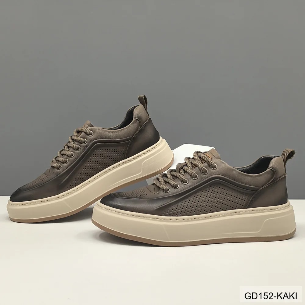 GD152 - Giày thể thao nam da bò thật đế dày thời trang, phối màu Kaki và Vàng - ảnh 3