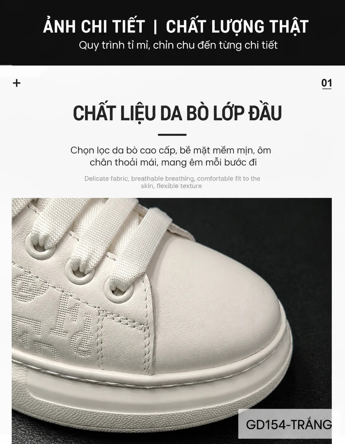 GD154 - Giày trắng da thật nam phong cách Châu Âu, đế bằng êm ái, thiết kế chữ nổi thời thượng - ảnh 10