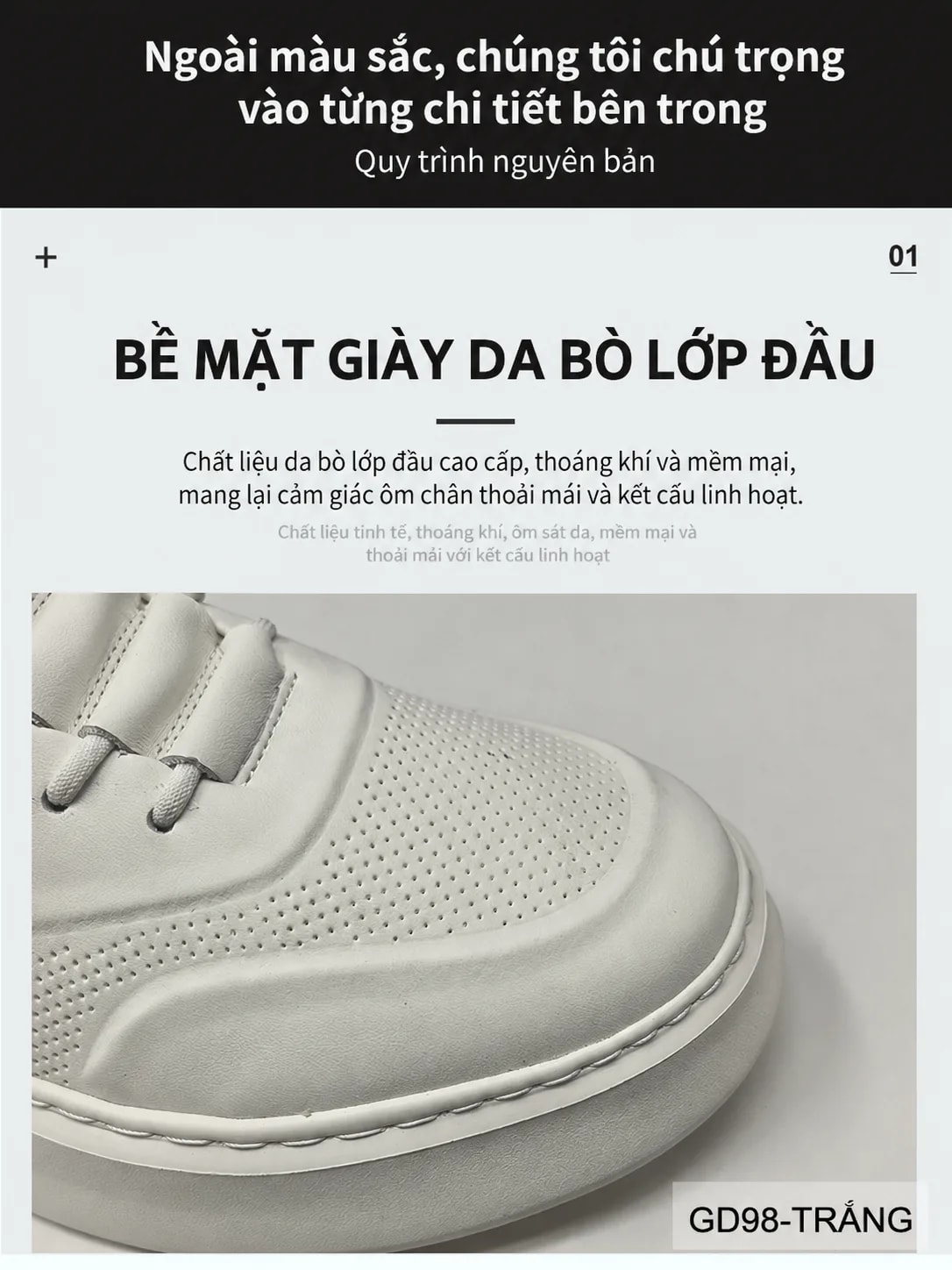 GD98 - Giày thể thao nam trắng da bò cao cấp, thiết kế retro tăng chiều cao, thoáng khí, phong cách casual - ảnh 9