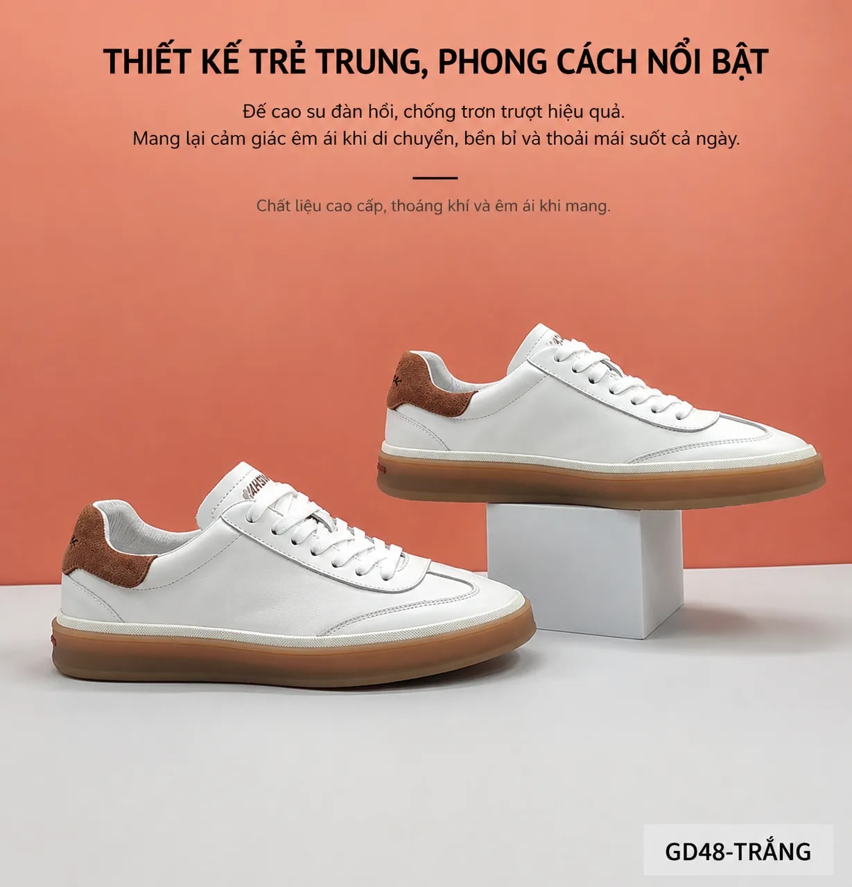 GD48 - Giày thể thao nam da thật phong cách châu Âu, đế thấp êm ái, phối màu trắng đen sang trọng - ảnh 5