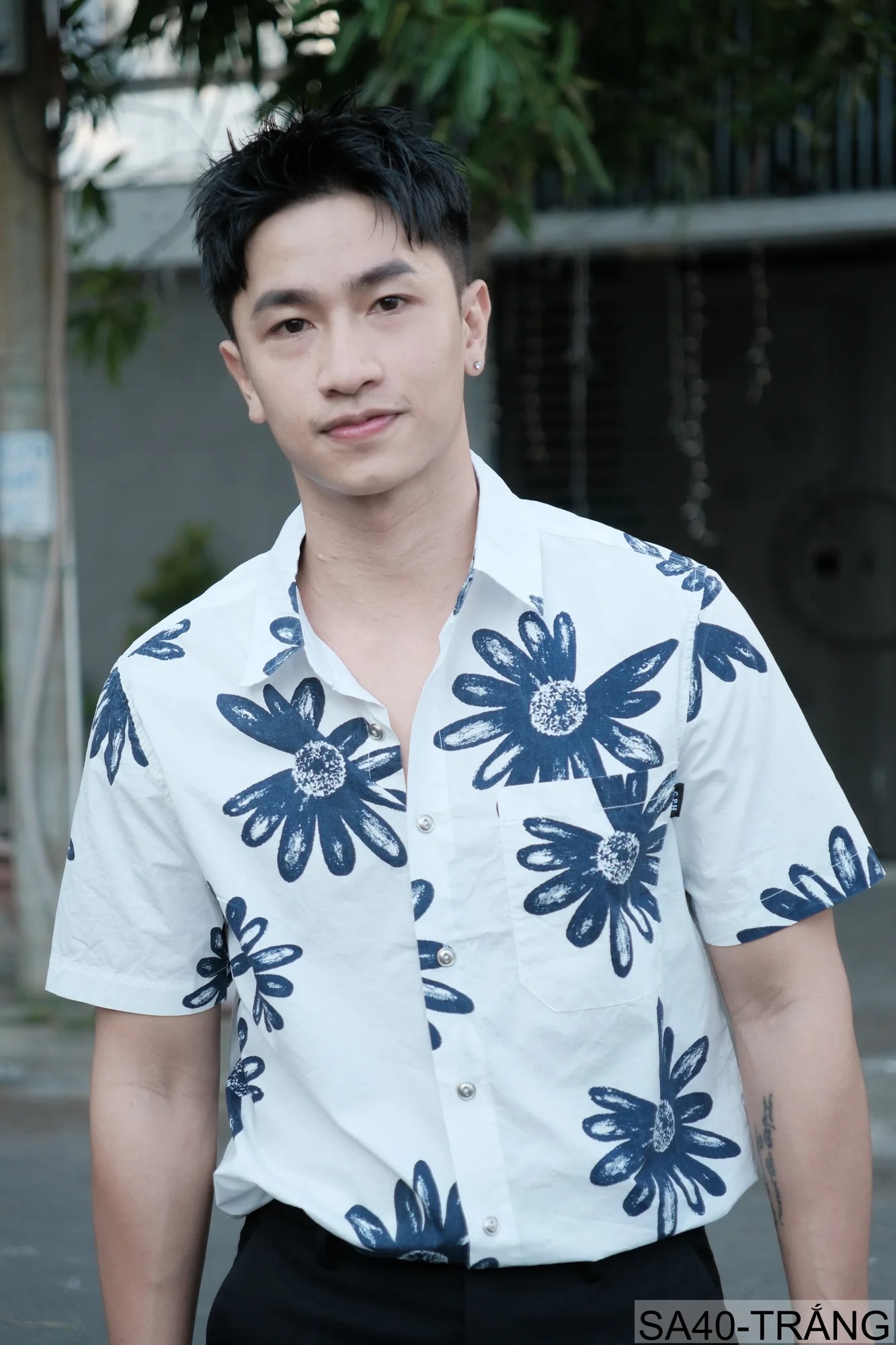 SA40 - Áo sơ mi nam tay ngắn họa tiết hoa cúc, phong cách Hàn Quốc, chất cotton thoáng mát - ảnh 4
