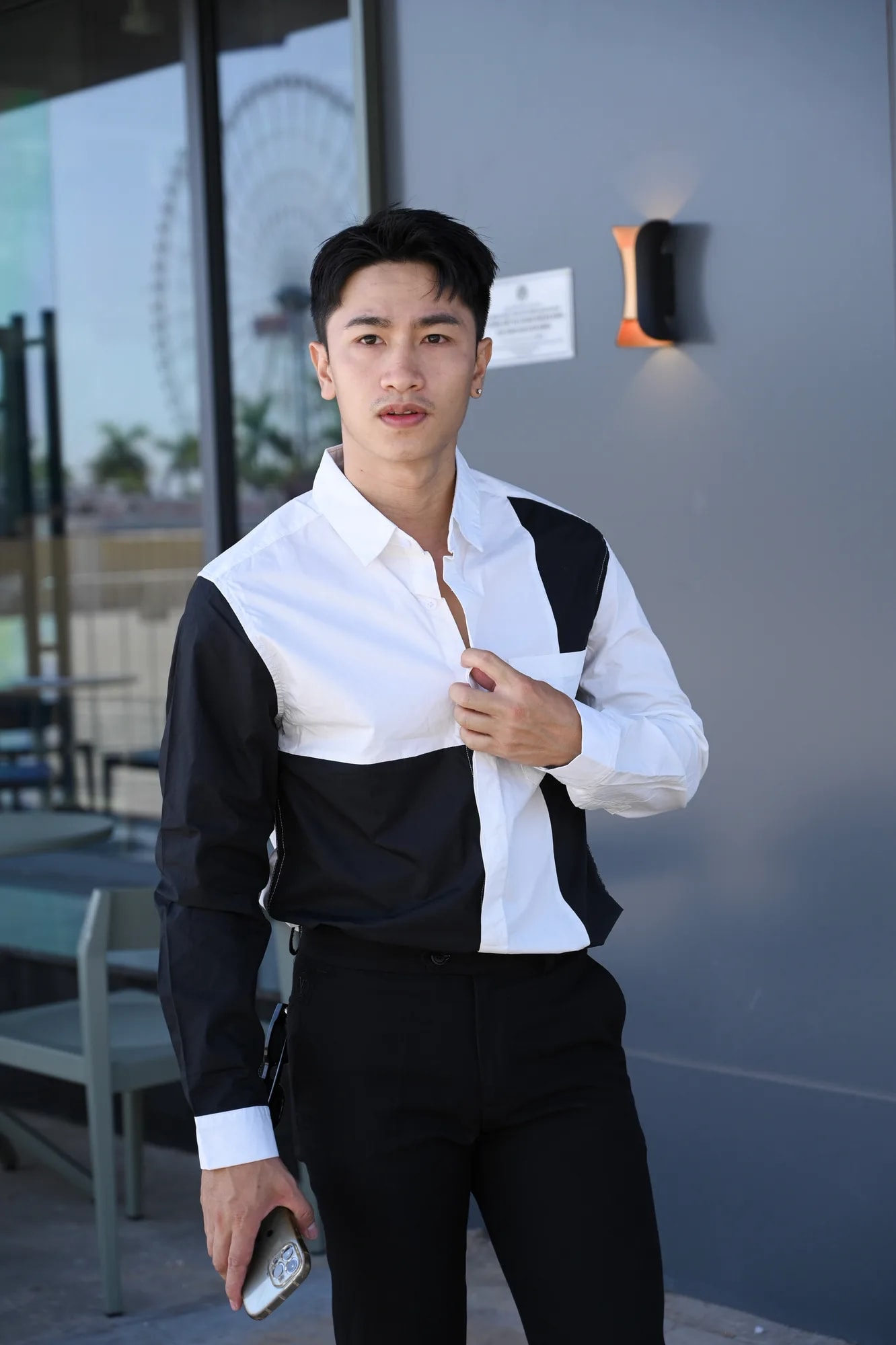 SA54 - Áo sơ mi nam phong cách Nhật Bản chắp vá trắng đen, tay dài, form rộng trẻ trung - ảnh 7