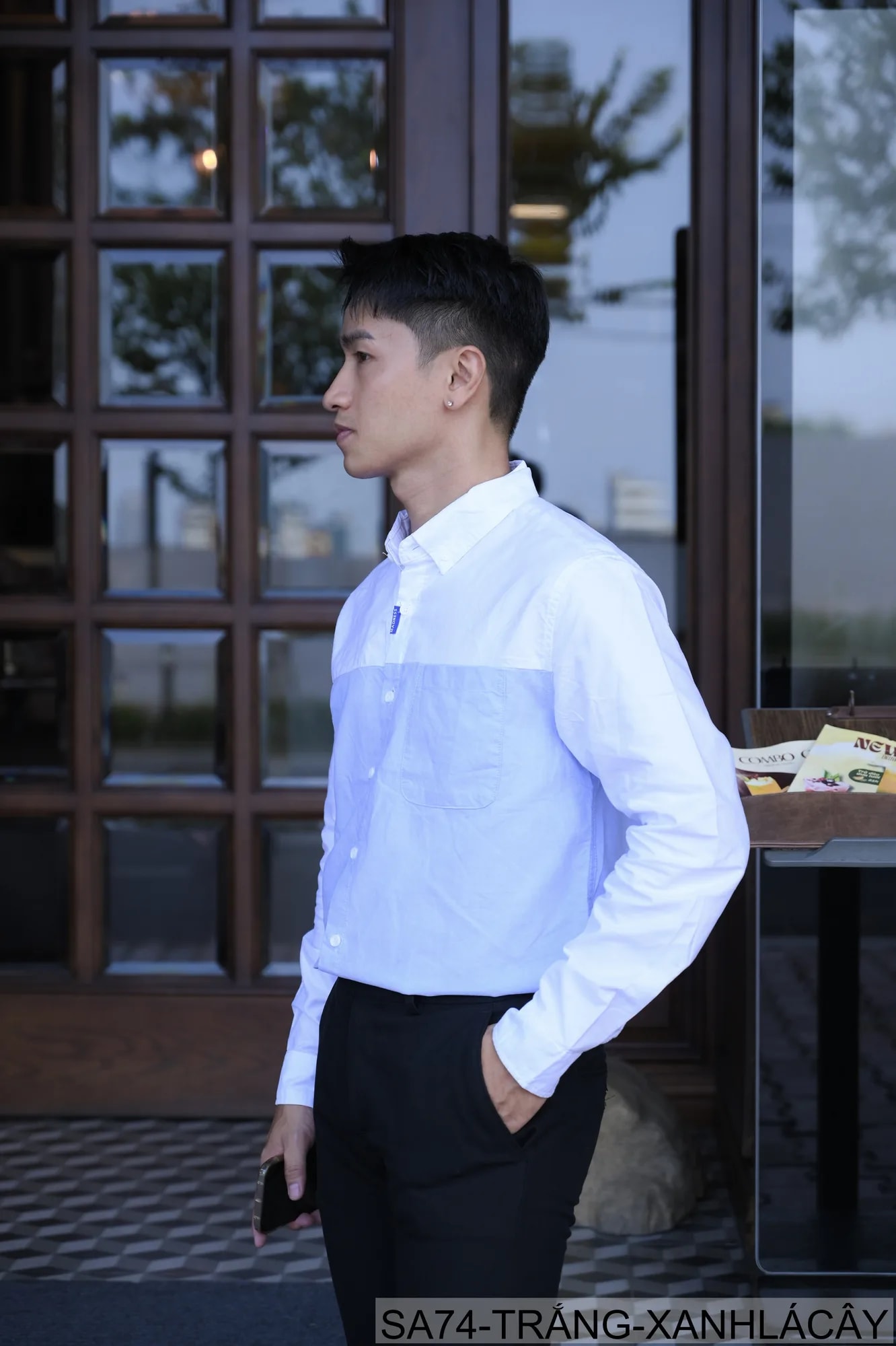 SA74 - Áo sơ mi nam dài tay Oxford kiểu Nhật, form rộng, chất cotton 100%, phối màu trắng xanh lá/xám - ảnh 4