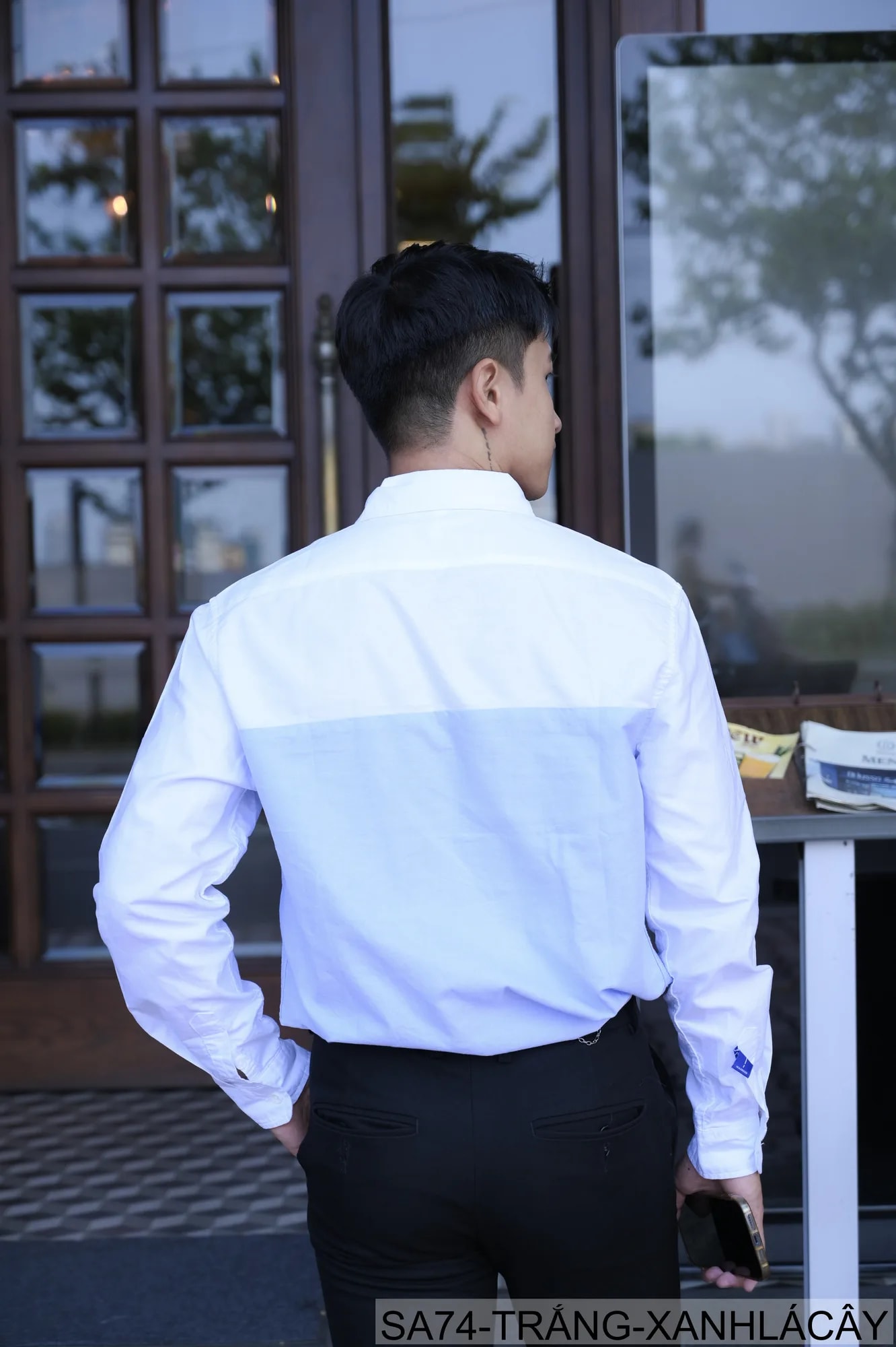 SA74 - Áo sơ mi nam dài tay Oxford kiểu Nhật, form rộng, chất cotton 100%, phối màu trắng xanh lá/xám - ảnh 5