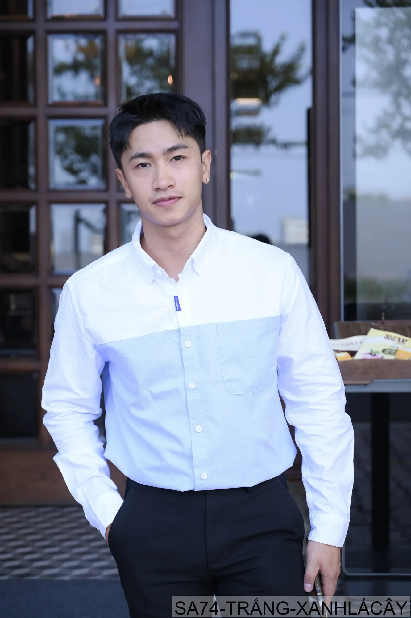 SA74 - Áo sơ mi nam dài tay Oxford kiểu Nhật, form rộng, chất cotton 100%, phối màu trắng xanh lá/xám