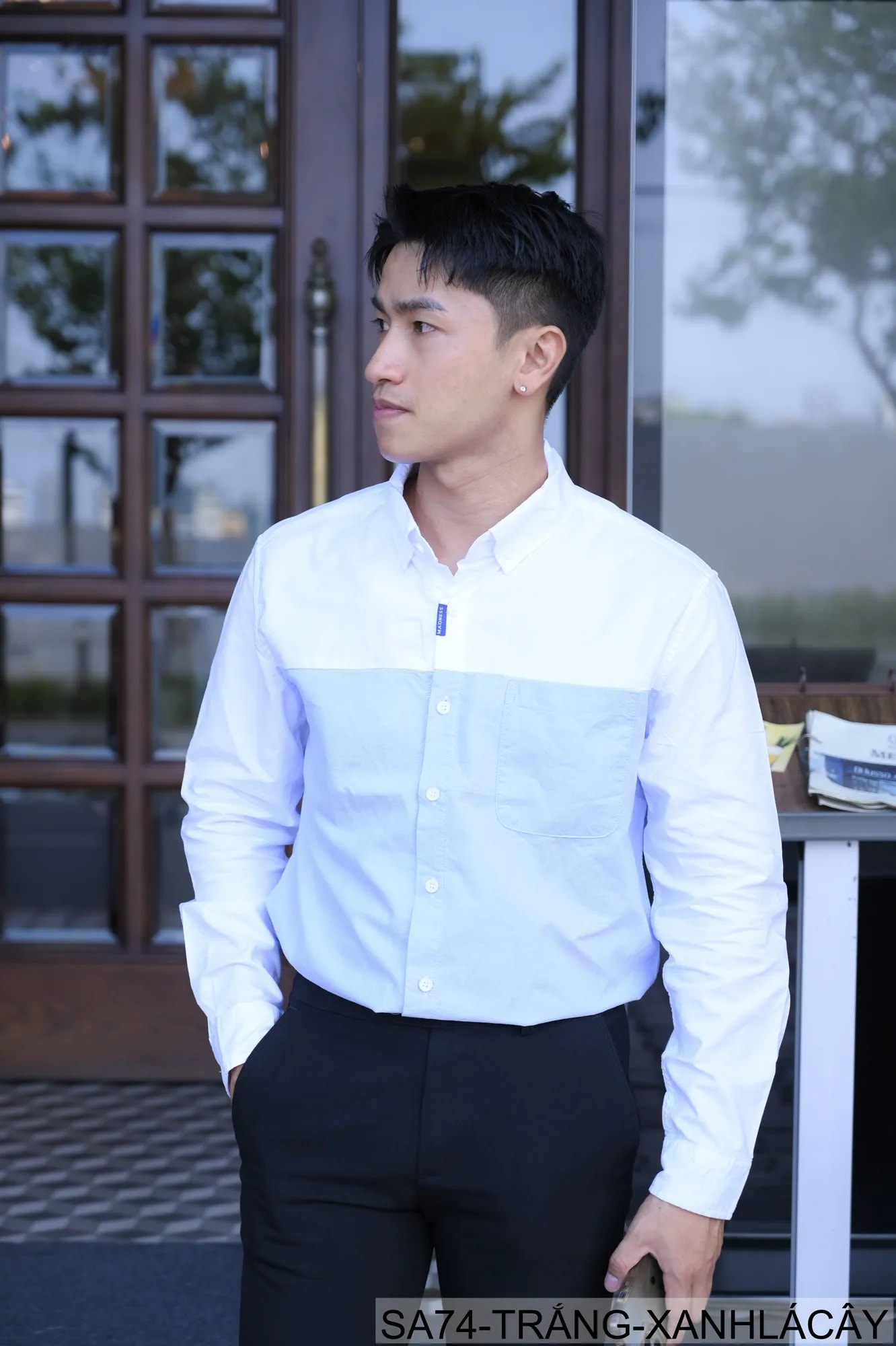 SA74 - Áo sơ mi nam dài tay Oxford kiểu Nhật, form rộng, chất cotton 100%, phối màu trắng xanh lá/xám - ảnh 6