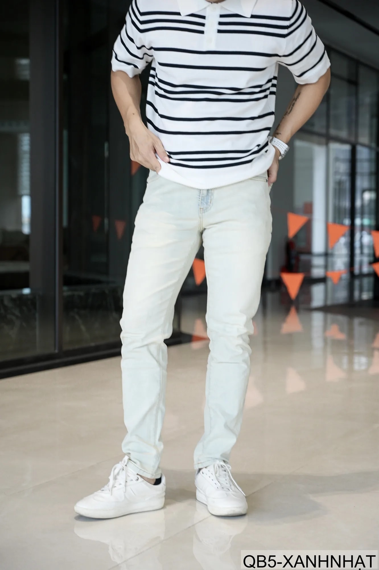 QB5 - Quần Jeans Nam Slim Fit Xanh Nhạt Phong Cách Streetwear, Chất Cotton Đàn Hồi, Mùa Xuân 2026 - ảnh 2
