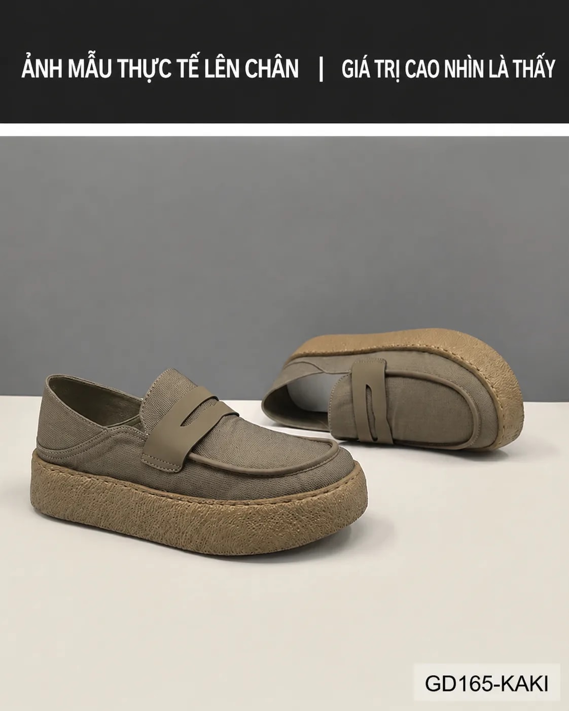 GD165 - Giày Nam Mũi Tròn Đế Bệt Phong Cách Thời Trang Kaki Đen - ảnh 8
